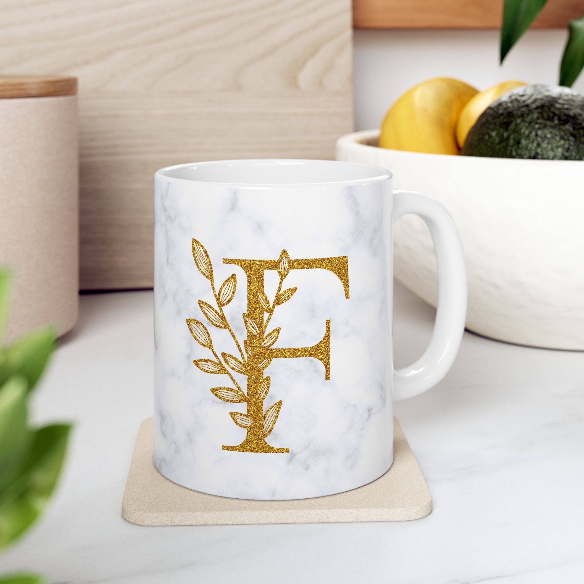 Kate McEnroe New York Personalized Marble Initial Letter Floral Monogram Ceramic MugMugs10347711897006544073