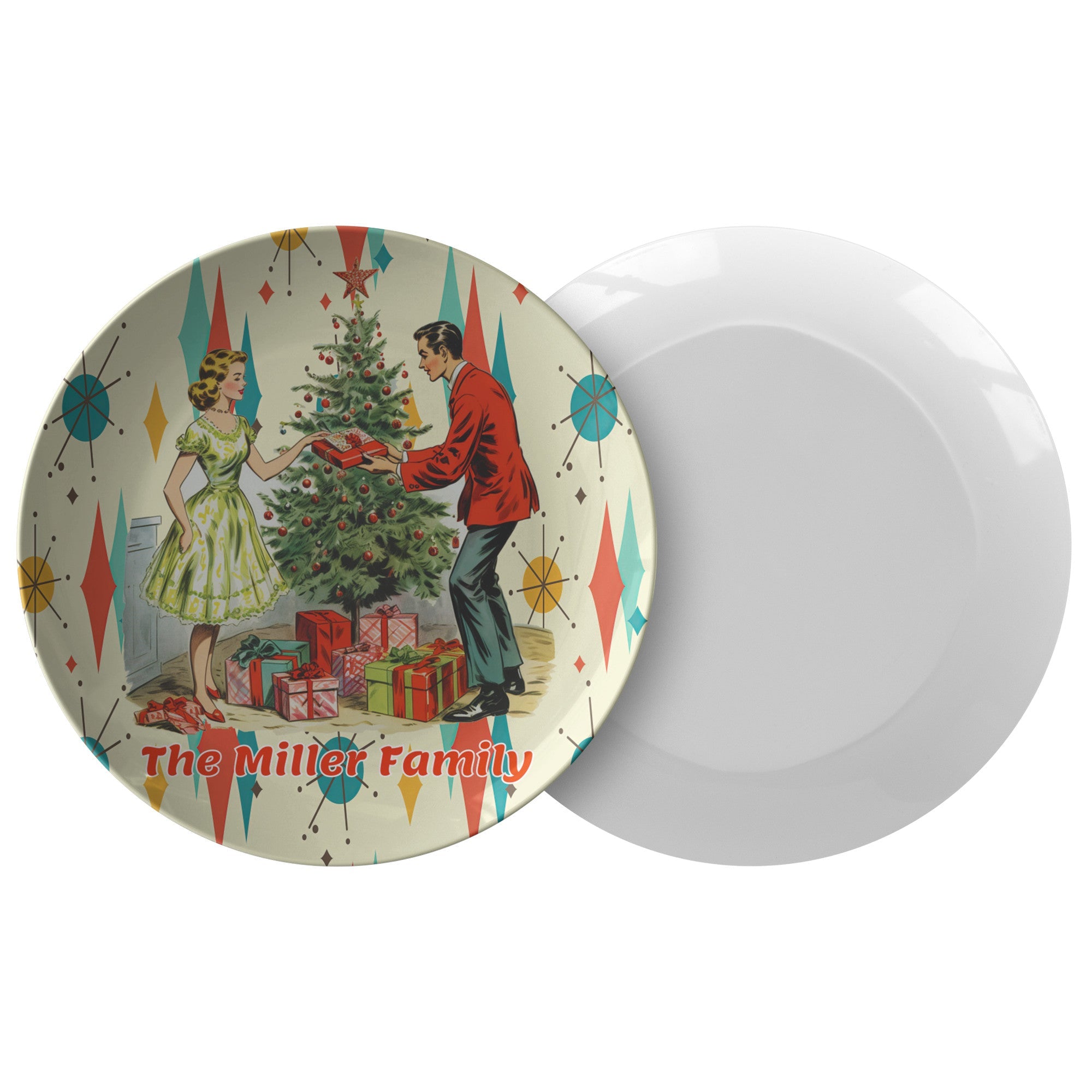 Kate McEnroe New York Personalized Retro Vintage 50s Franciscan Diamond Starburst Kitsch Christmas Card Art Dinner Plate, Custom Holiday Keepsake for Family GatheringsPlates9820SINGLE