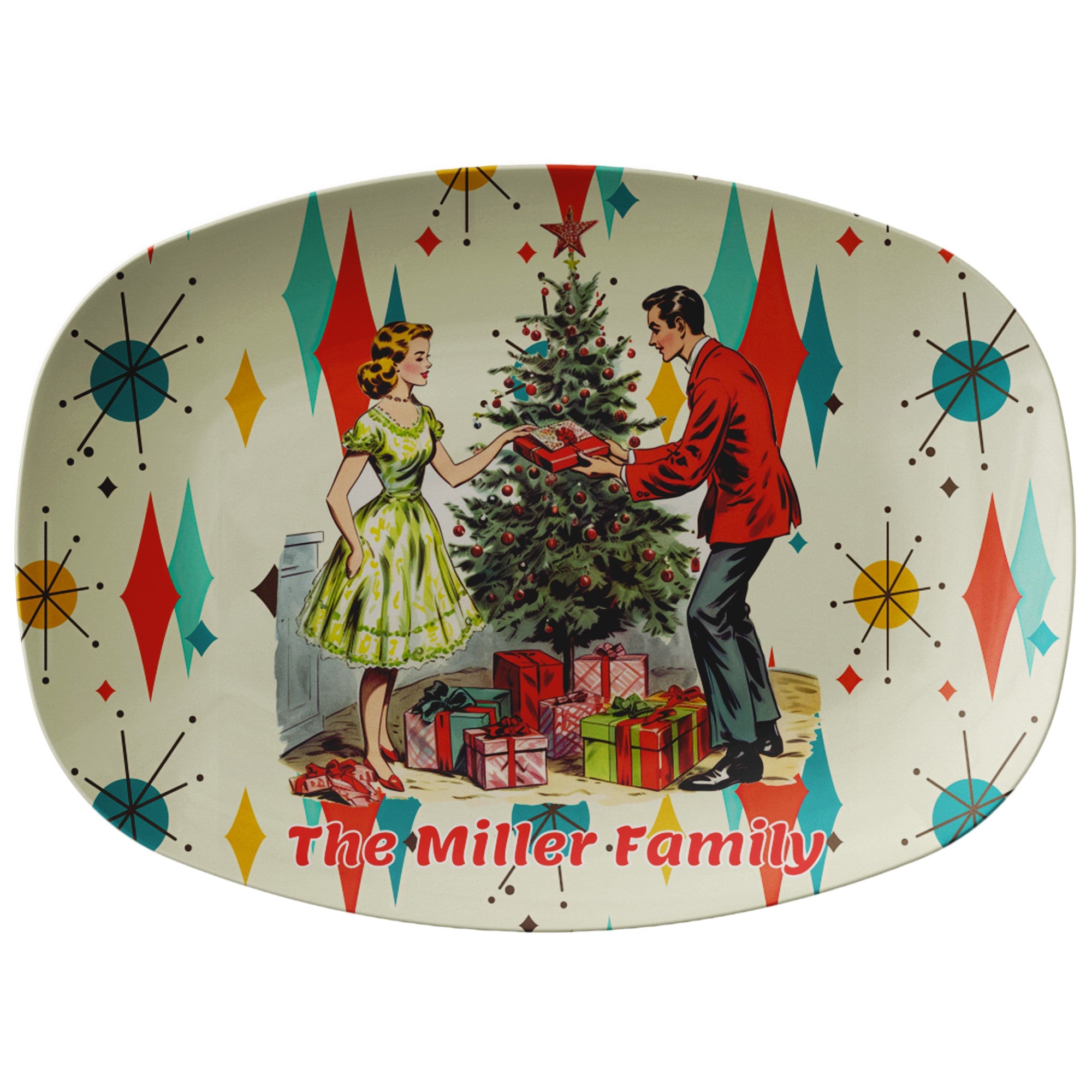 Kate McEnroe New York Personalized Retro Vintage 50s Franciscan Diamond Starburst Kitsch Christmas Card Art Platter, Mid Century Family Holiday KeepsakeServing Platters9727