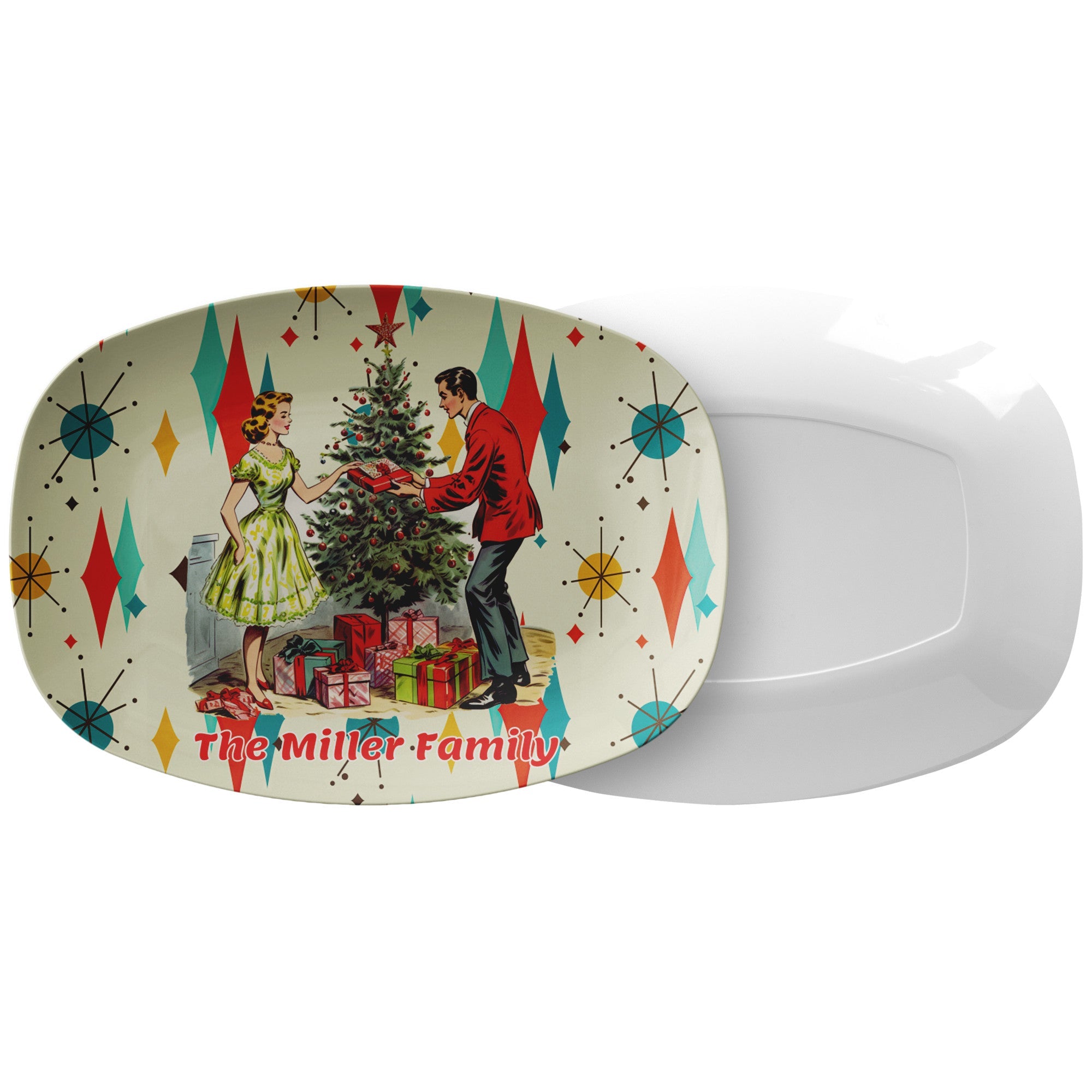 Kate McEnroe New York Personalized Retro Vintage 50s Franciscan Diamond Starburst Kitsch Christmas Card Art Platter, Mid Century Family Holiday KeepsakeServing Platters9727