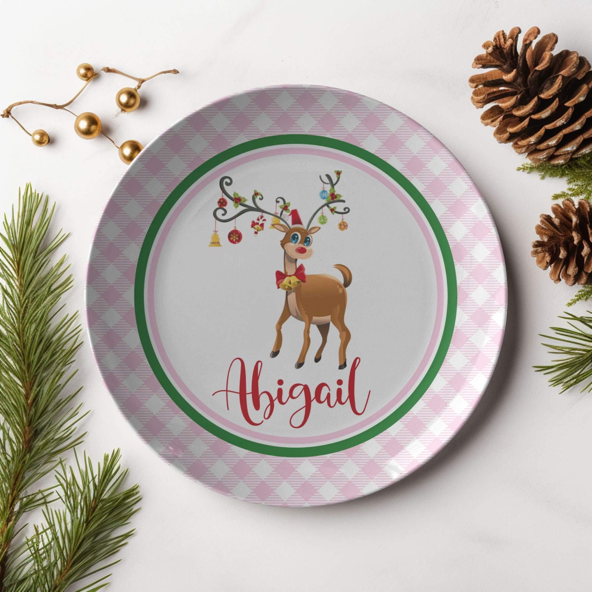 Kate McEnroe New York Personalized Rudolph Red Nose Reindeer Gingham PlatePlates9820SINGLE