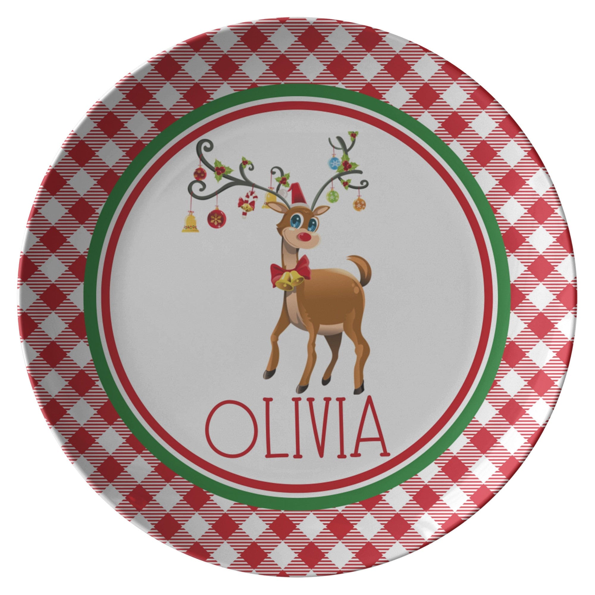 Kate McEnroe New York Personalized Rudolph Red Nose Reindeer Gingham PlatePlates9820SINGLE