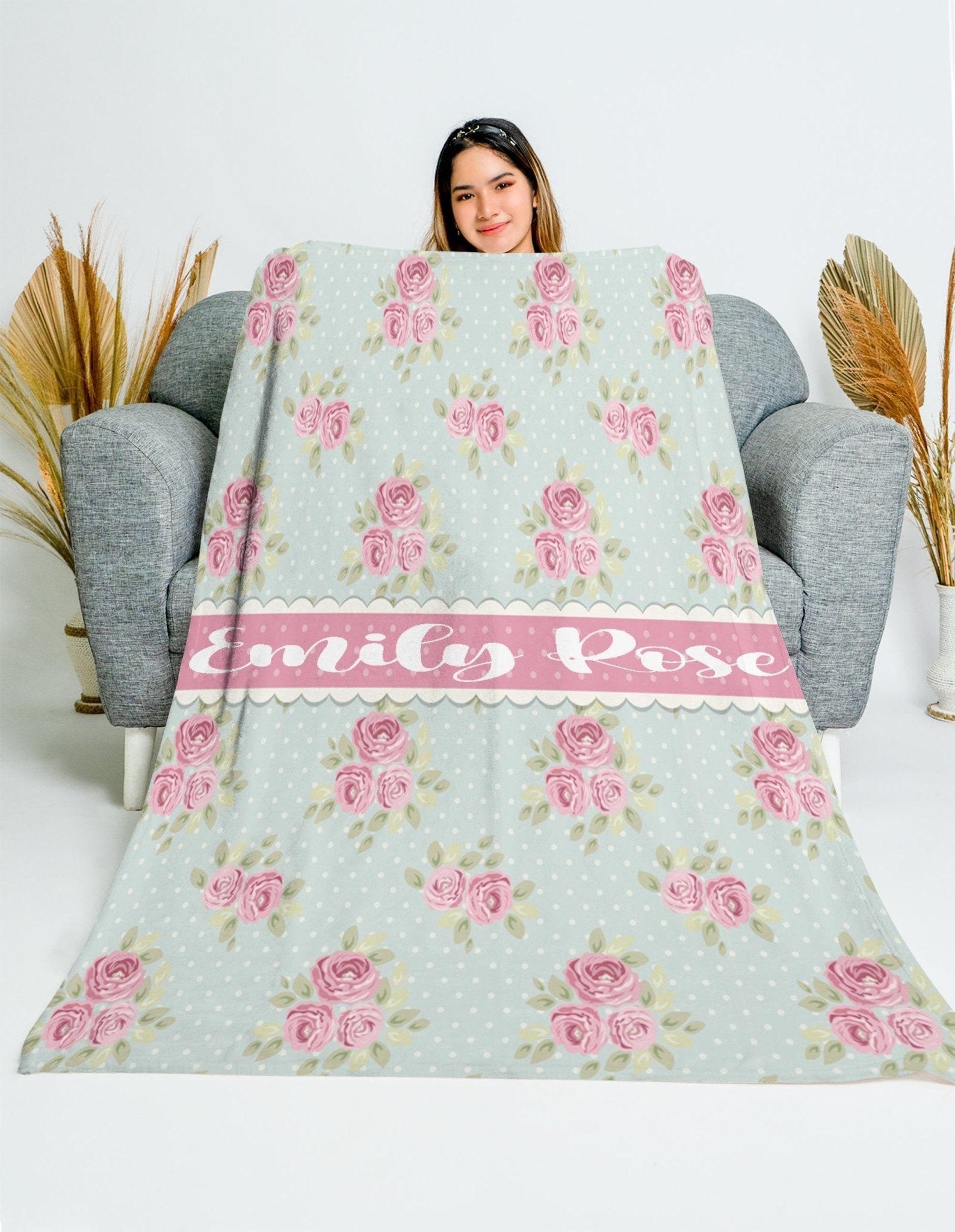 Kate McEnroe New York Personalized Shabby Chic Floral Name Blanket For Kids and Adults, Customizable Velveteen Minky Throw Blankie, Gift for HerBlankets27921052990012072496
