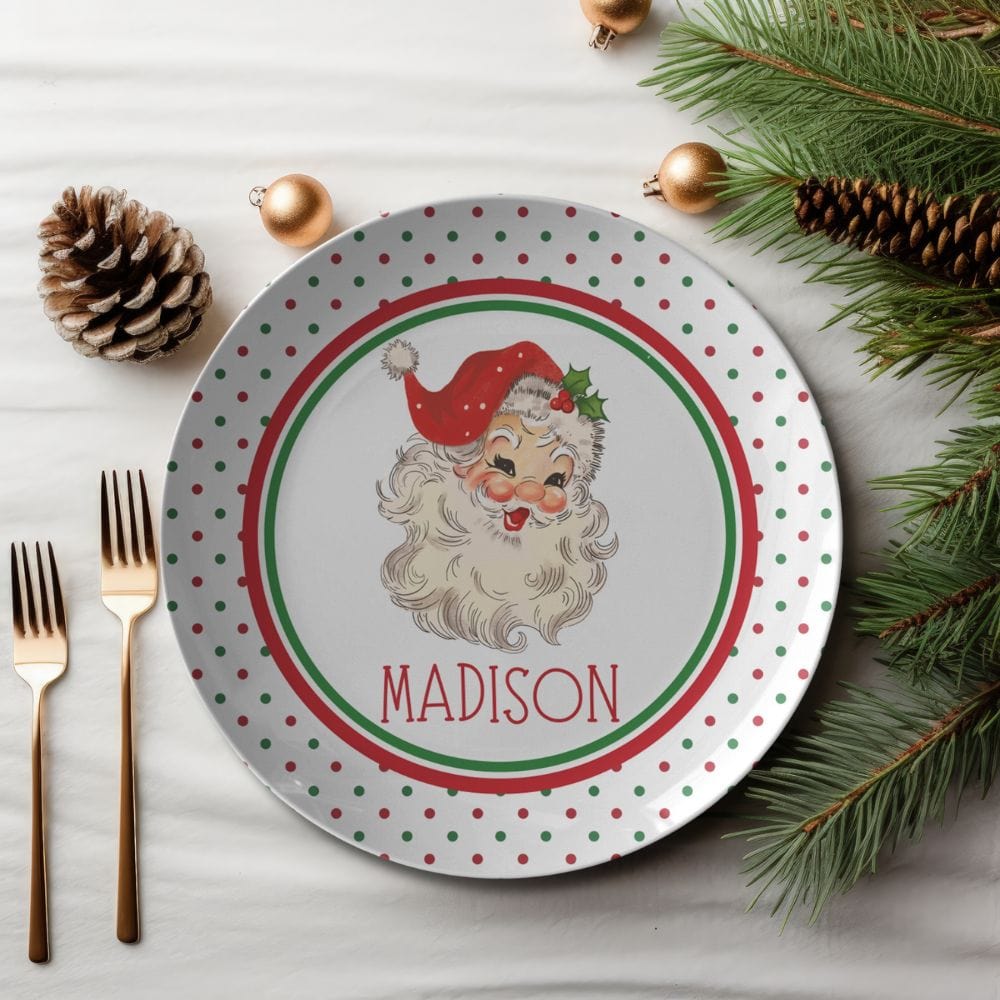 Kate McEnroe New York Personalized Vintage Santa Polka Dot Christmas PlatePlatesP22 - SNT - PKD - 2S