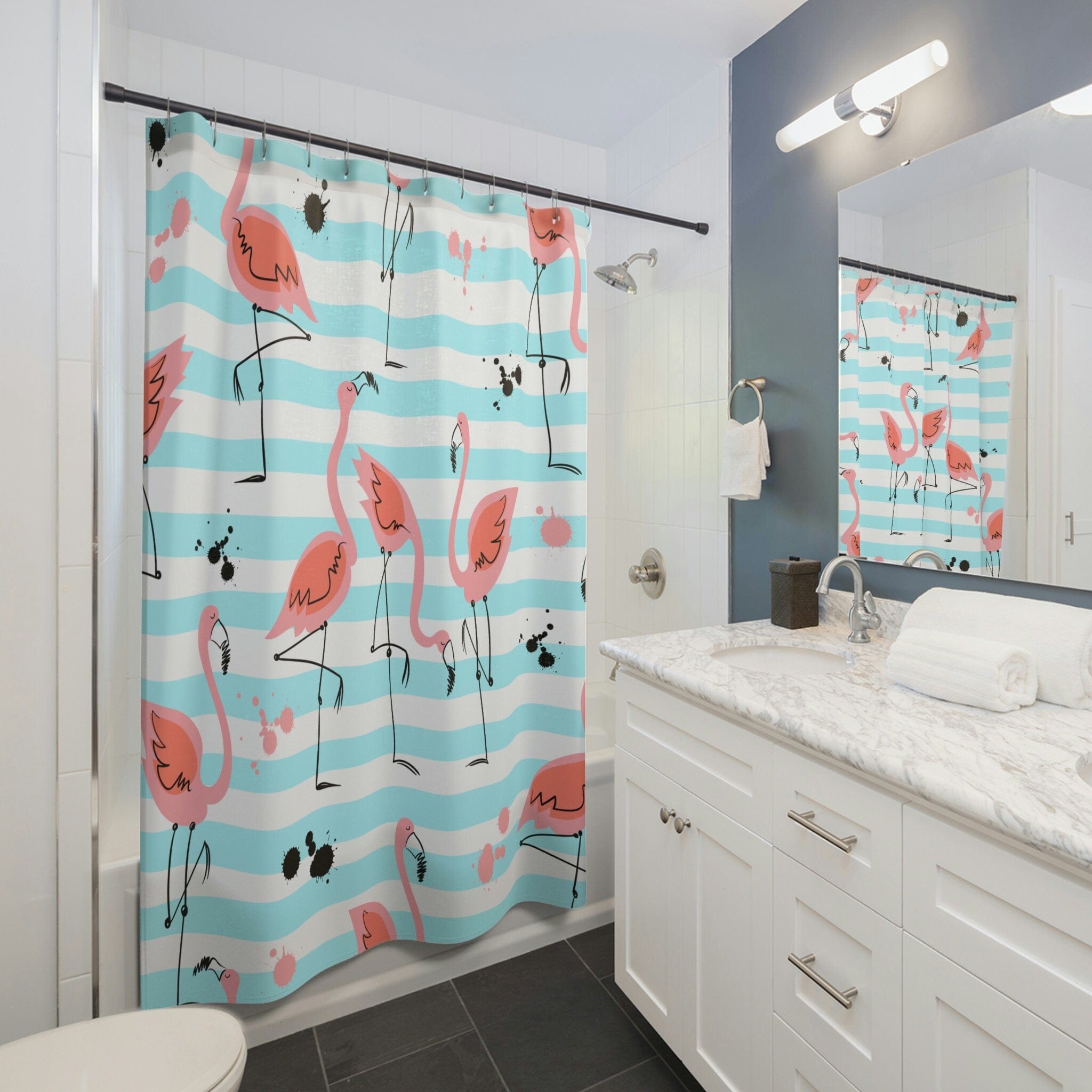 Kate McEnroe New York Pink Flamingos Shower Curtains, Tropical Flamingo Bird Watercolor Art Bath Curtains, Aqua Blue, Pink Bathroom Decor, Beach House DecorShower CurtainsSC - PIN - FLA - 7X7