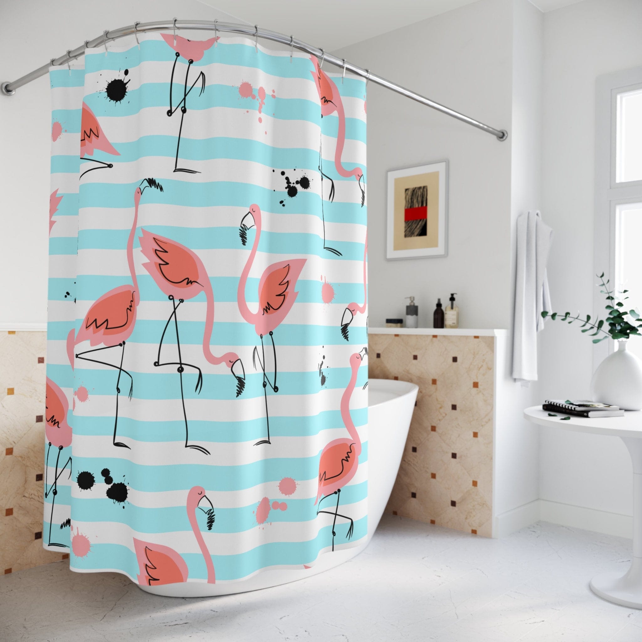 Kate McEnroe New York Pink Flamingos Shower Curtains, Tropical Flamingo Bird Watercolor Art Bath Curtains, Aqua Blue, Pink Bathroom Decor, Beach House DecorShower CurtainsSC - PIN - FLA - 7X7