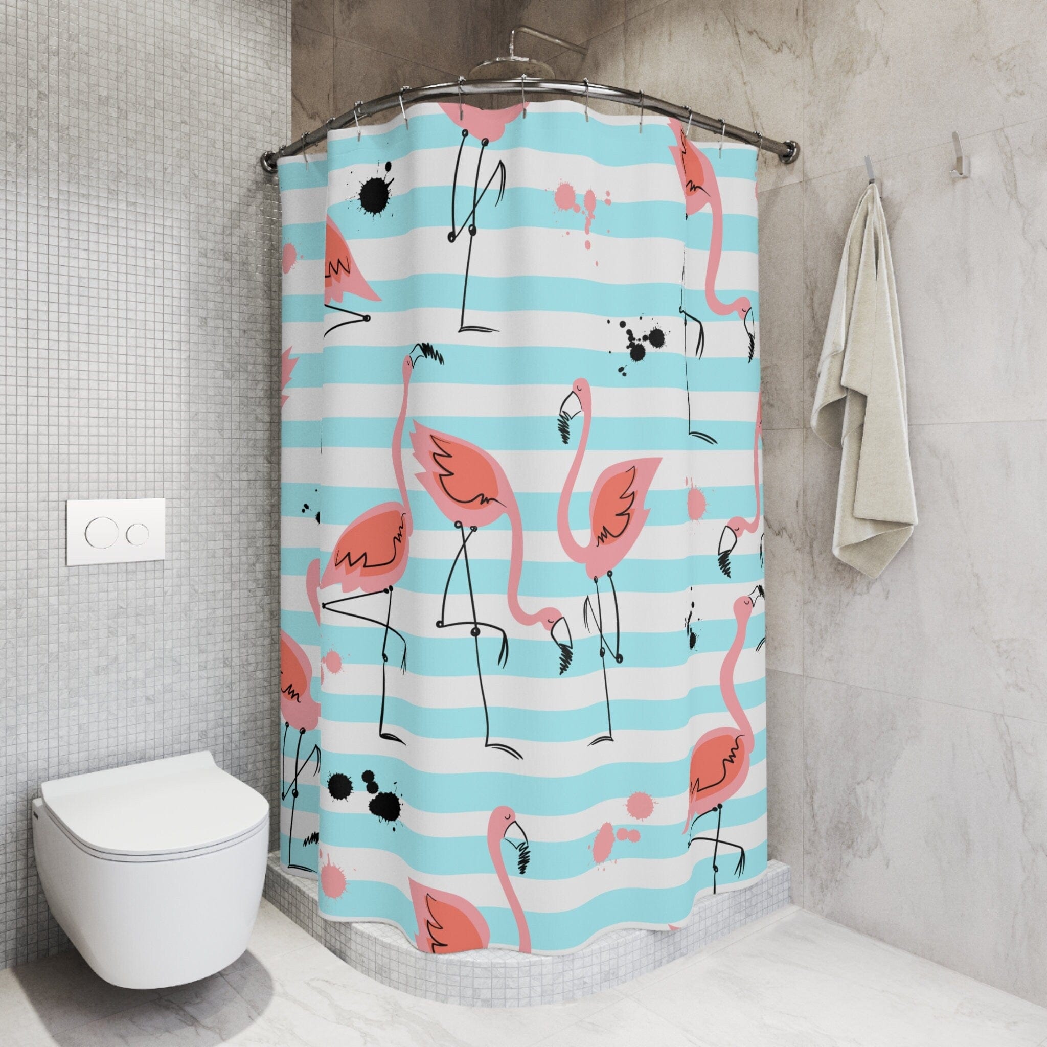 Kate McEnroe New York Pink Flamingos Shower Curtains, Tropical Flamingo Bird Watercolor Art Bath Curtains, Aqua Blue, Pink Bathroom Decor, Beach House DecorShower CurtainsSC - PIN - FLA - 7X7