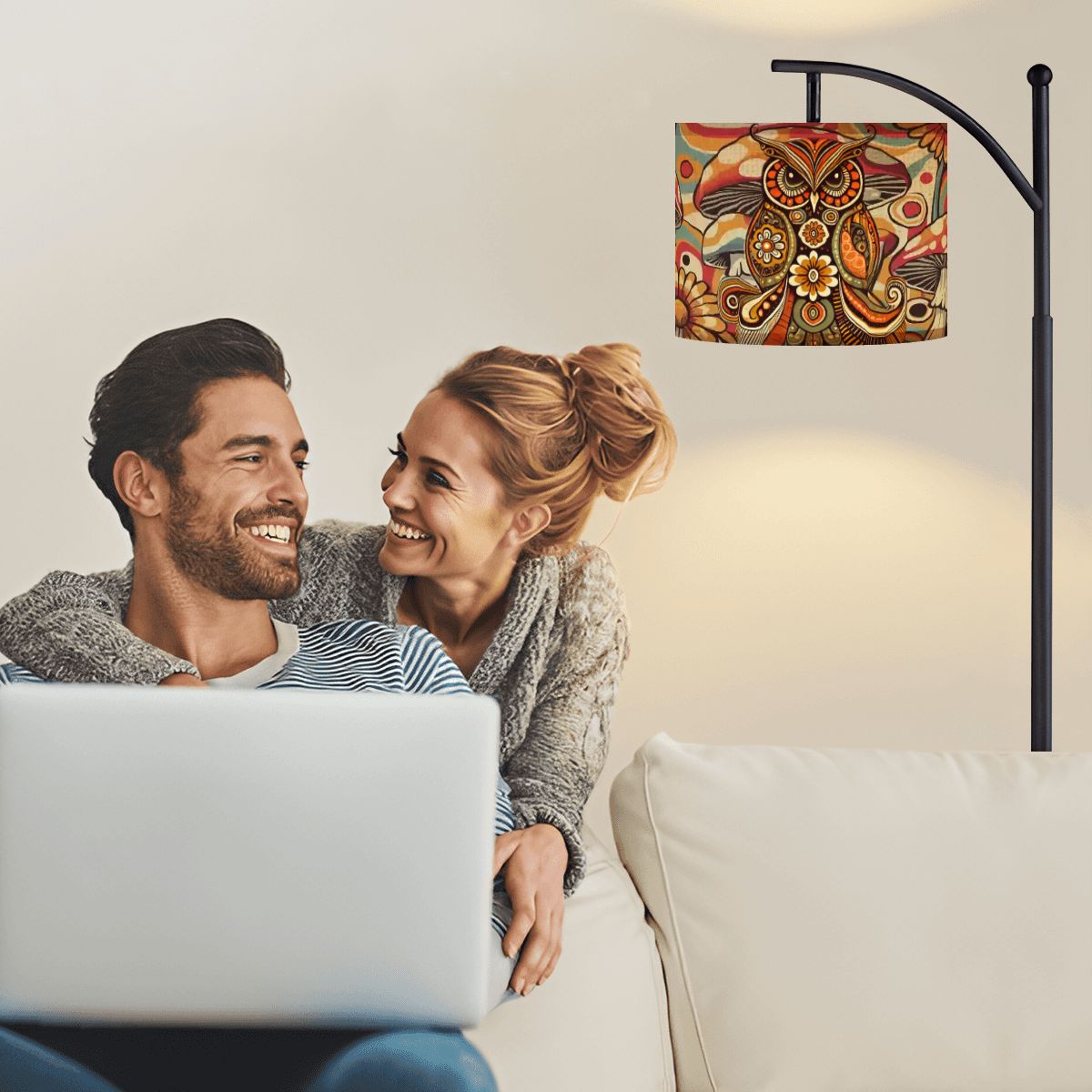 Kate McEnroe New York Psychedelic Owl Arc Floor Lamp Boho 1970s Retro Curved LightingArc Floor Lamps3IiQgWIy28