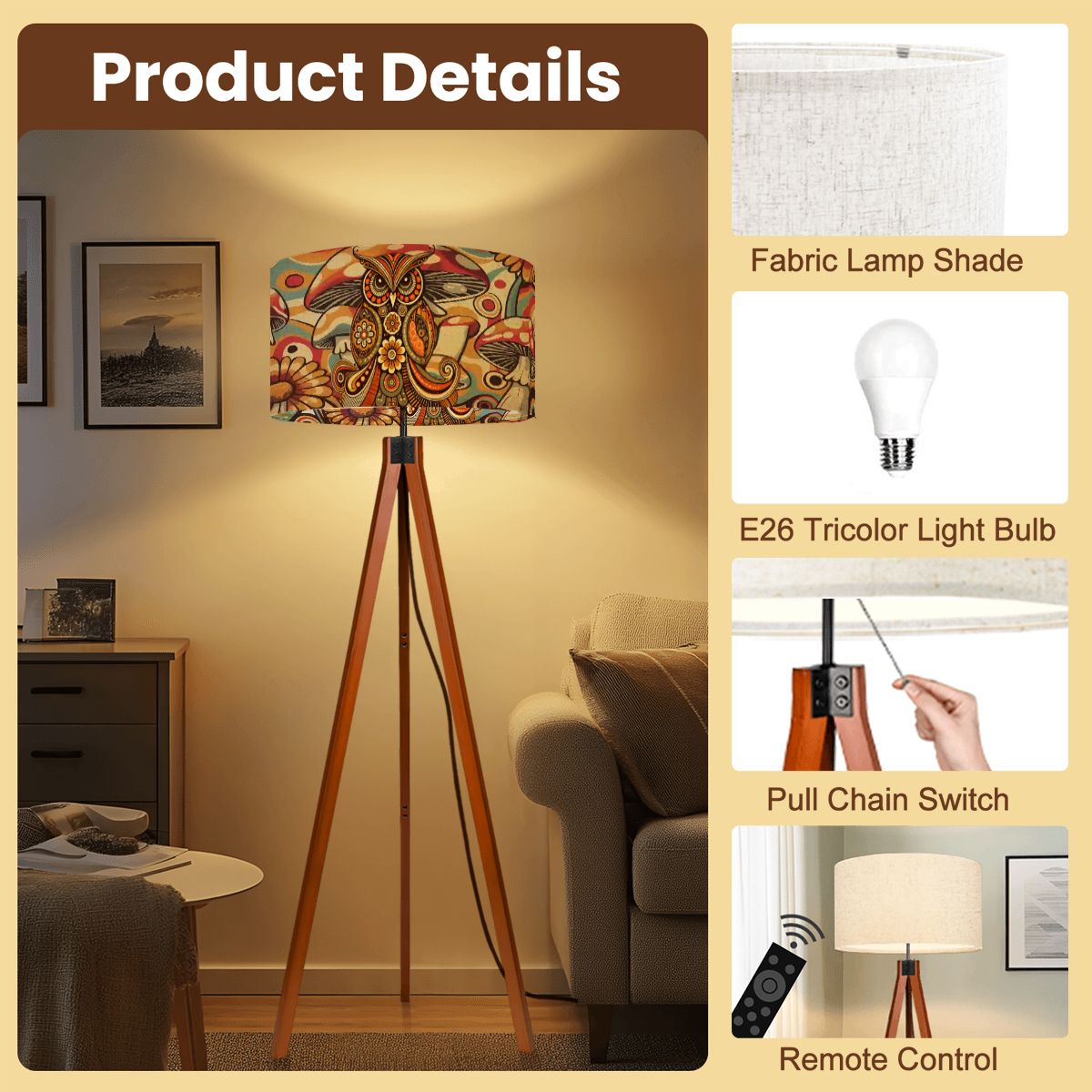 Kate McEnroe New York Psychedelic Owl Tripod Floor Lamp Boho Retro 1970s Mushroom DesignTripod Floor LampsN89wNpUdUw