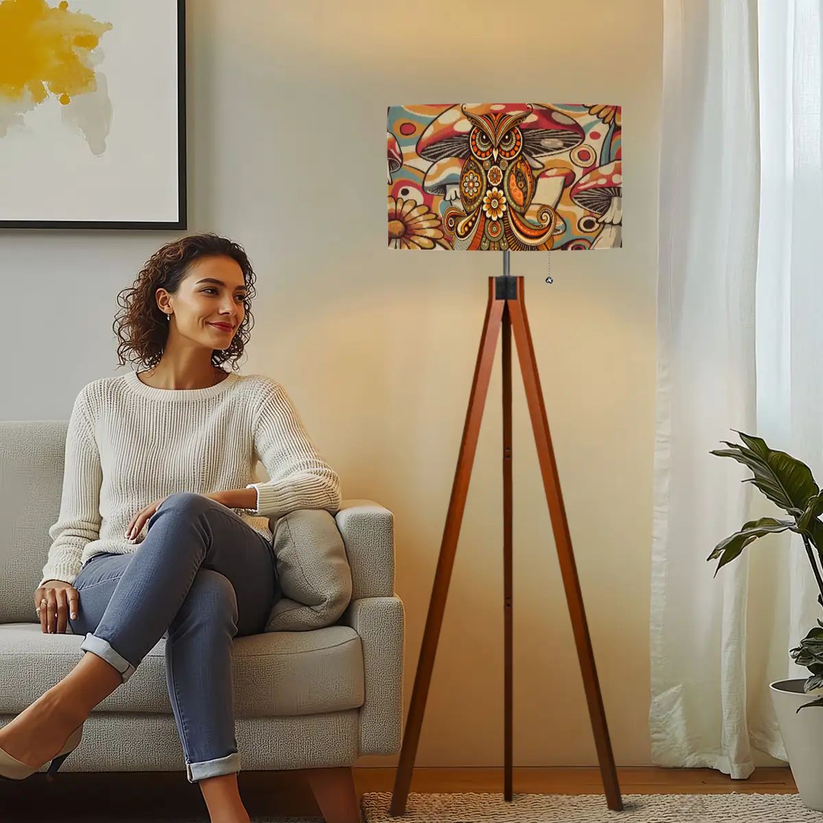 Kate McEnroe New York Psychedelic Owl Tripod Floor Lamp Boho Retro 1970s Mushroom DesignTripod Floor LampsN89wNpUdUw