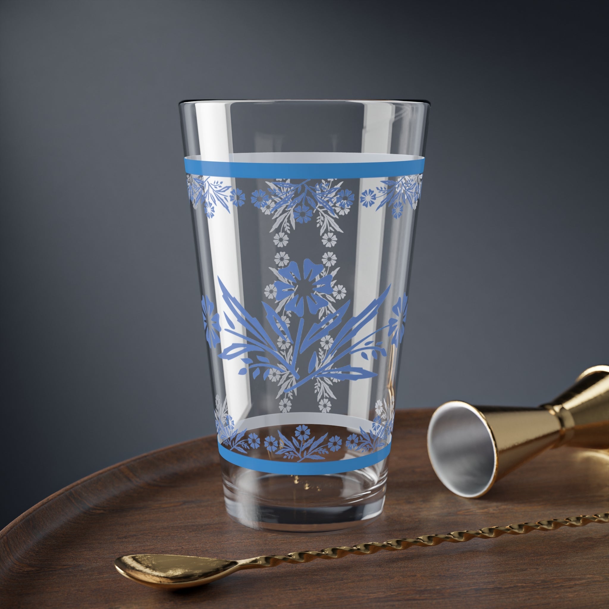 Kate McEnroe New York Pyrex Blue Cornflower Cocktail Pint Glass, Mid - Century Floral Drinkware, Retro Kitchen CollectionPint Glasses26059053727899328231