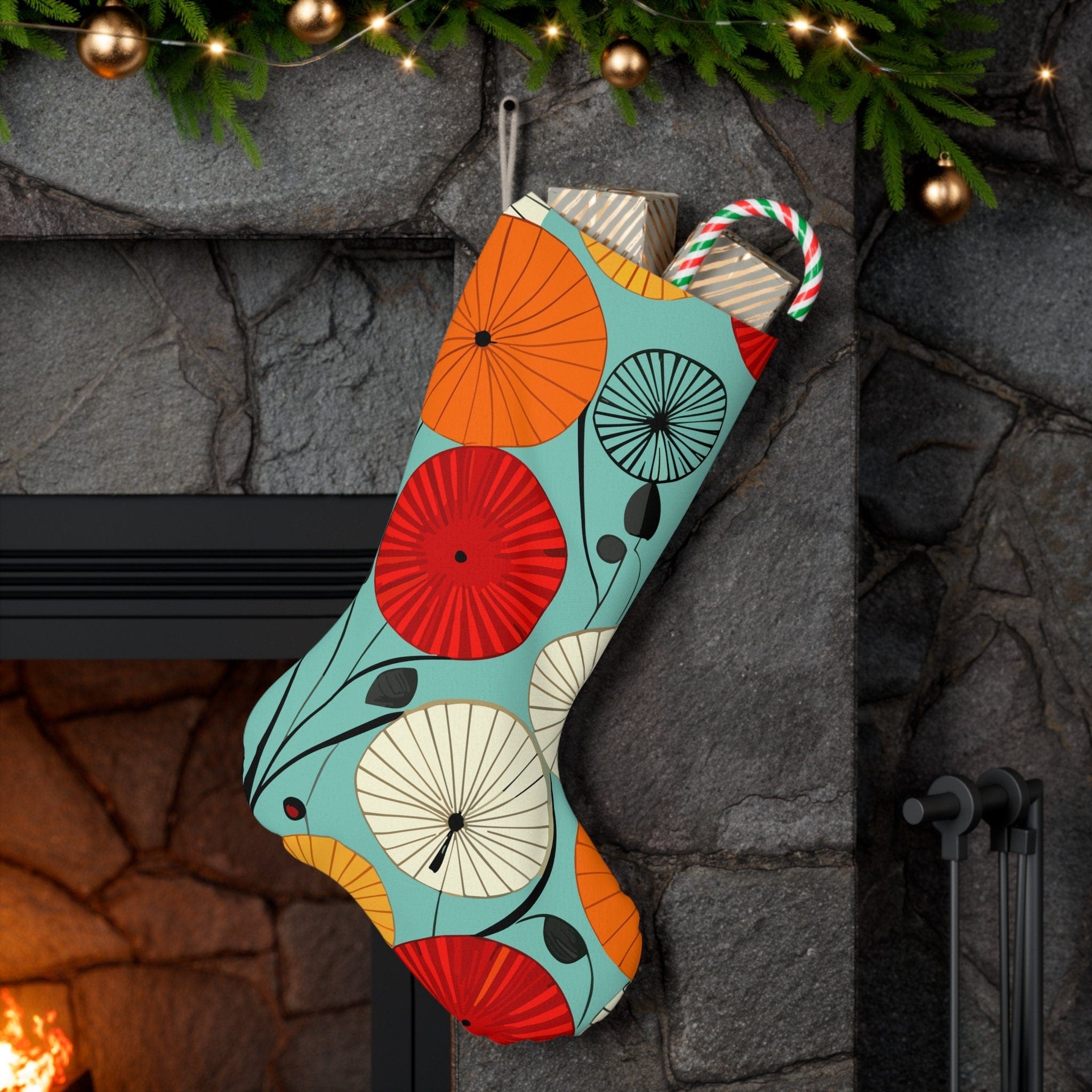 Kate McEnroe New York Retro 1950s Abstract Lotus Holiday Stockings, Mid Century Modern Geometric Teal. Orange, Red, Yellow Mantle Decoration - KM13669723Holiday Stockings60537204850367747719