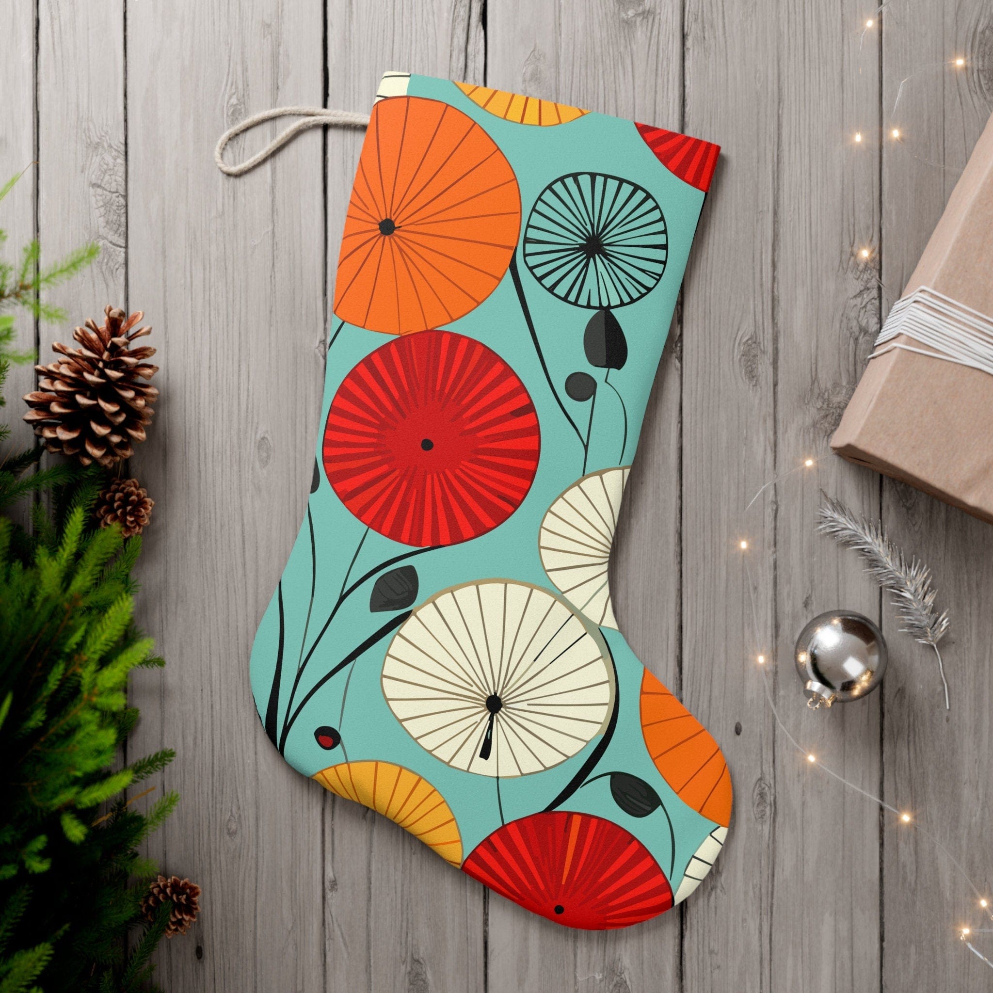 Kate McEnroe New York Retro 1950s Abstract Lotus Holiday Stockings, Mid Century Modern Geometric Teal. Orange, Red, Yellow Mantle Decoration - KM13669723Holiday Stockings60537204850367747719