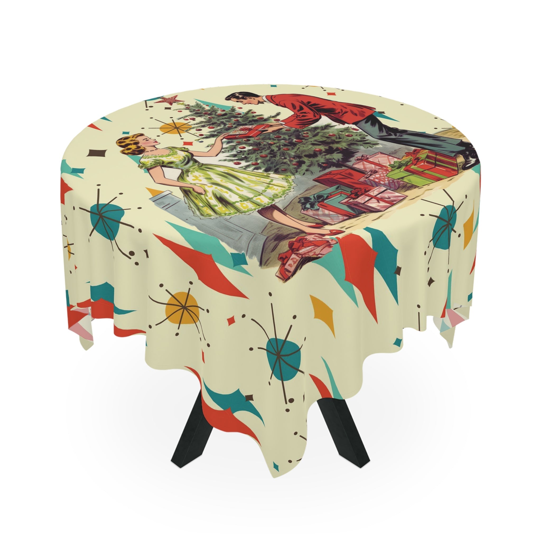 Kate McEnroe New York Retro 1950s Franciscan Starburst Kitsch Christmas Tablecloth, Mid Century Modern Vintage Holiday Party Table LinenTablecloths39360446978856256854