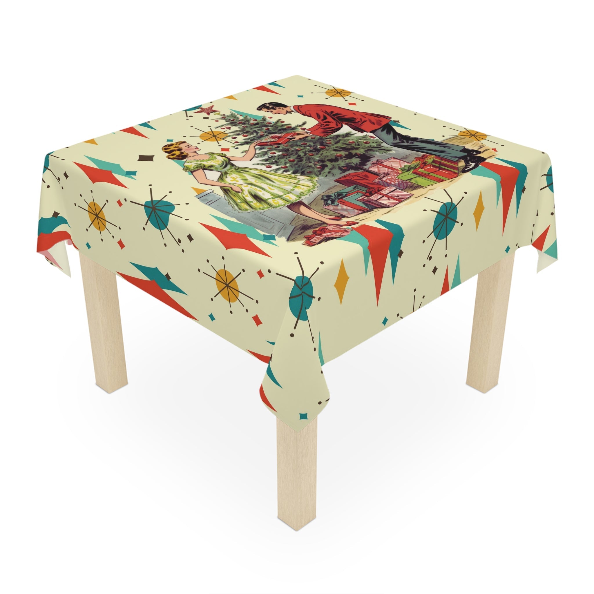 Kate McEnroe New York Retro 1950s Franciscan Starburst Kitsch Christmas Tablecloth, Mid Century Modern Vintage Holiday Party Table LinenTablecloths39360446978856256854