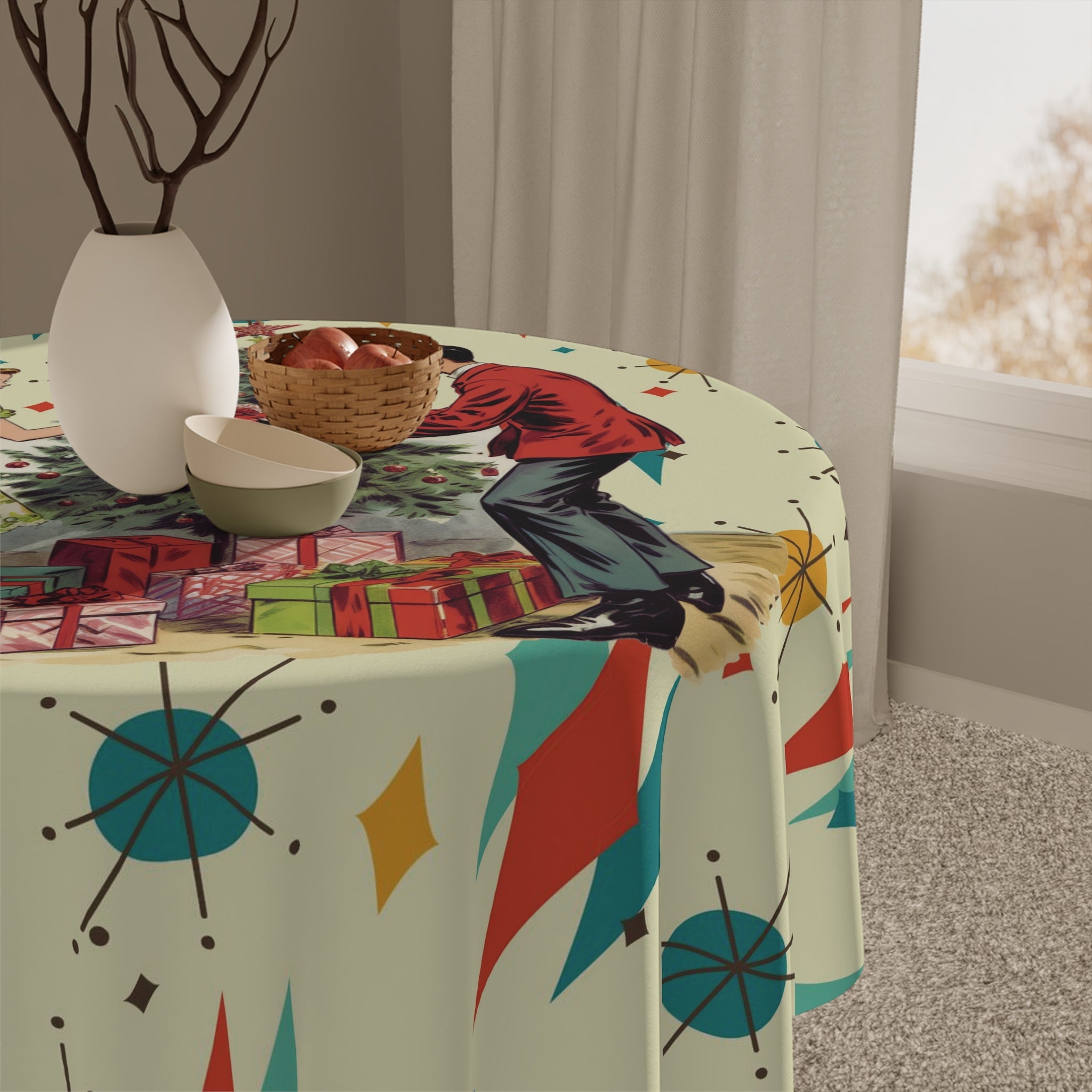 Kate McEnroe New York Retro 1950s Franciscan Starburst Kitsch Christmas Tablecloth, Mid Century Modern Vintage Holiday Party Table LinenTablecloths39360446978856256854