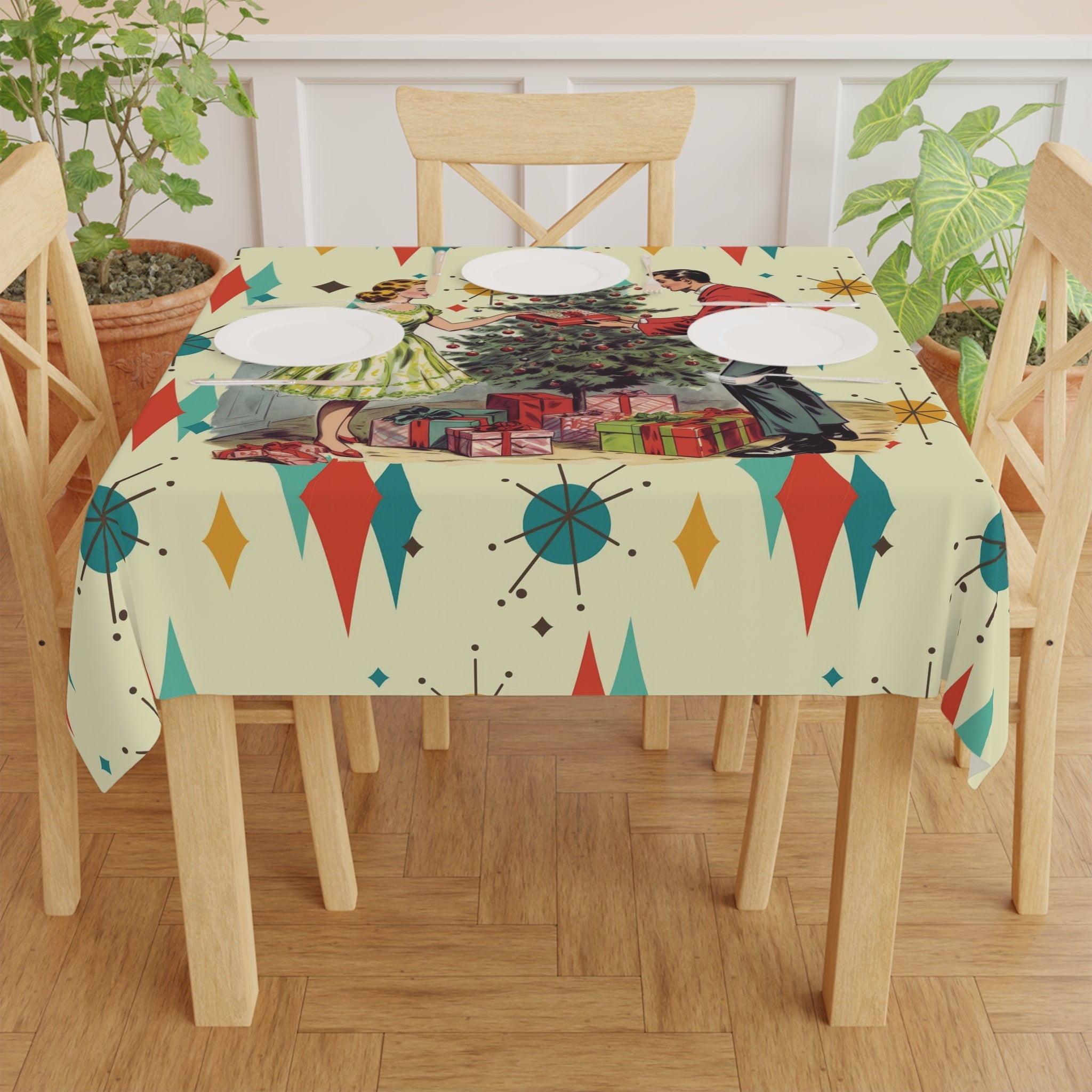 Kate McEnroe New York Retro 1950s Franciscan Starburst Kitsch Christmas Tablecloth, Mid Century Modern Vintage Holiday Party Table LinenTablecloths39360446978856256854