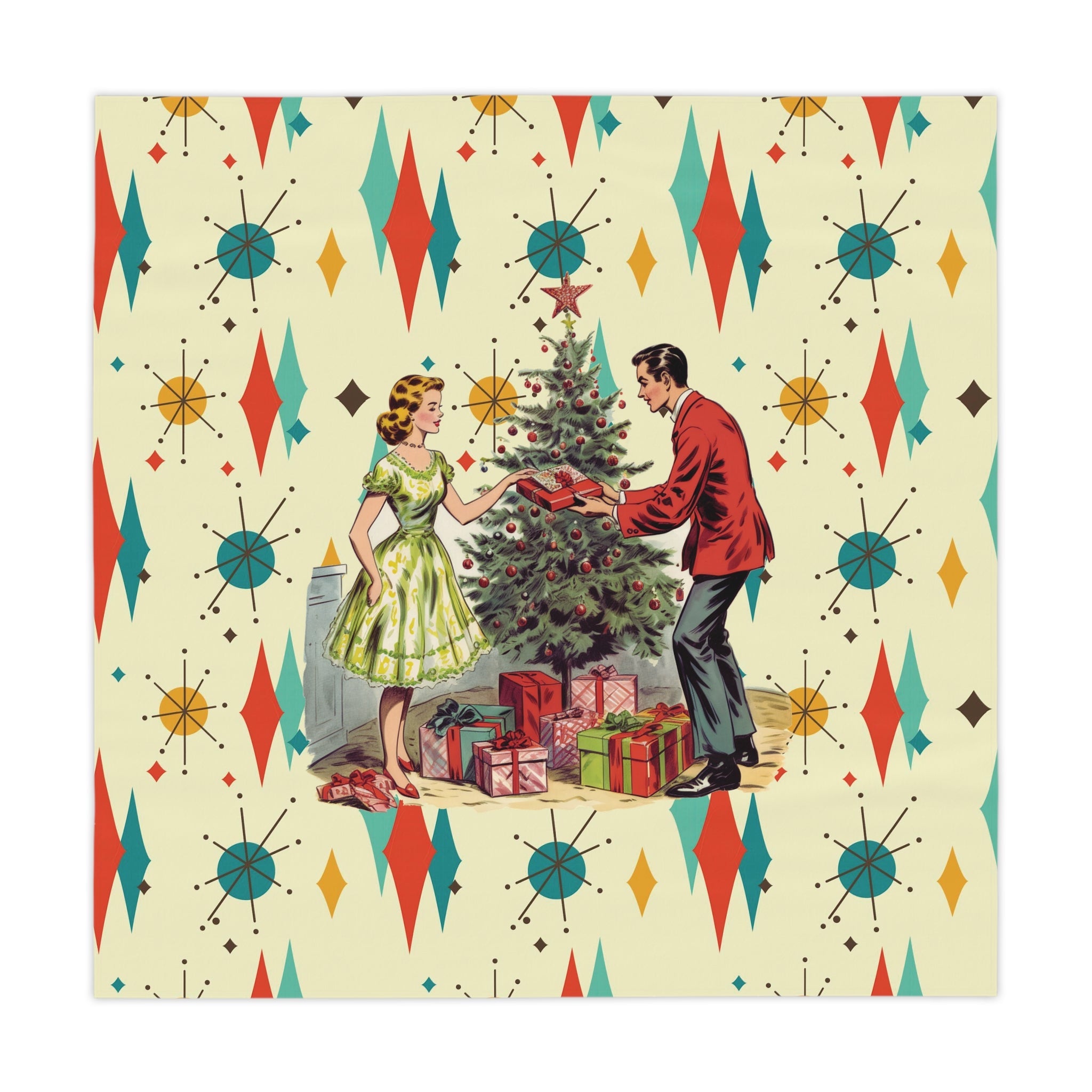 Kate McEnroe New York Retro 1950s Franciscan Starburst Kitsch Christmas Tablecloth, Mid Century Modern Vintage Holiday Party Table LinenTablecloths39360446978856256854