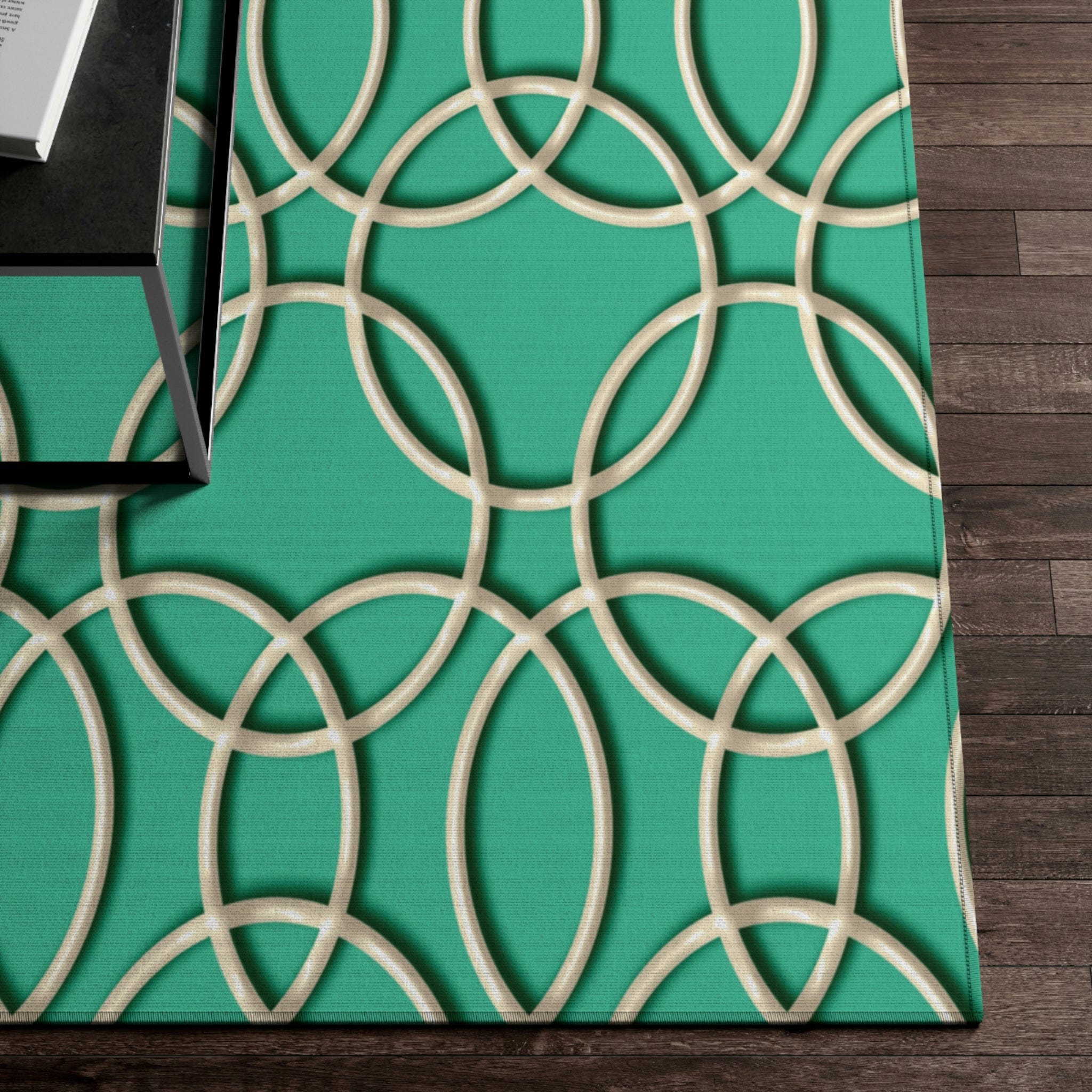 Kate McEnroe New York Retro 1950s Mid Century Modern Aqua Blue Beige Geometric Circles Area RugRugs10543685310278619375