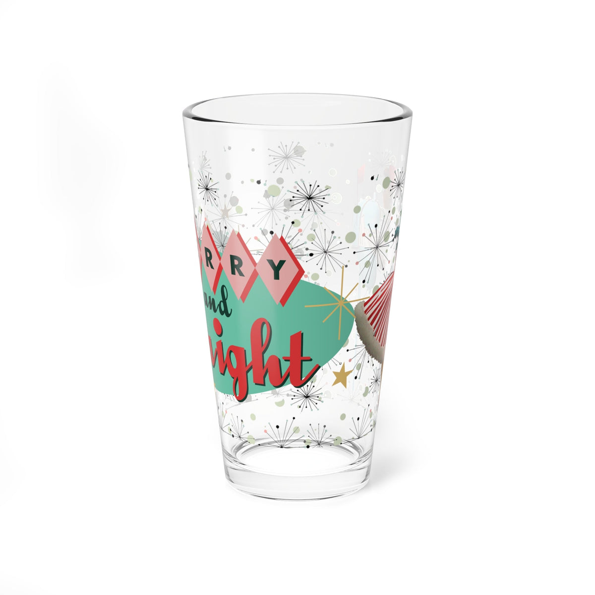Kate McEnroe New York Retro 1950s Vintage Kitsch Christmas Card Art Pint Glass, Mid Century Modern Atomic Starburst Cocktail Shaker, MCM Holiday Party BarwarePint Glasses27274659048907917279