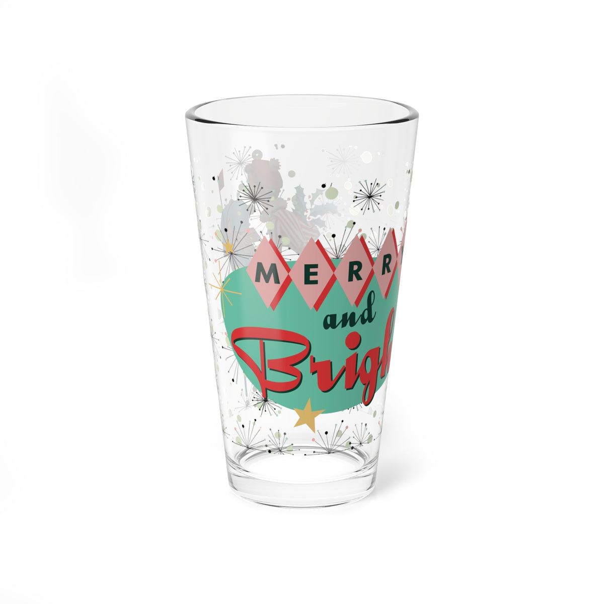 Kate McEnroe New York Retro 1950s Vintage Kitsch Christmas Card Art Pint Glass, Mid Century Modern Atomic Starburst Cocktail Shaker, MCM Holiday Party BarwarePint Glasses27274659048907917279