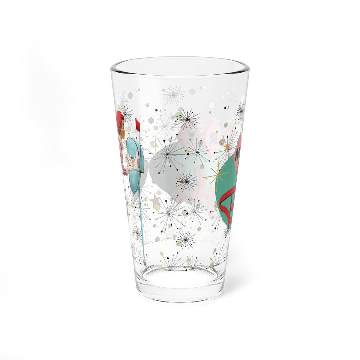 Kate McEnroe New York Retro 1950s Vintage Kitsch Christmas Card Art Pint Glass, Mid Century Modern Atomic Starburst Cocktail Shaker, MCM Holiday Party BarwarePint Glasses27274659048907917279