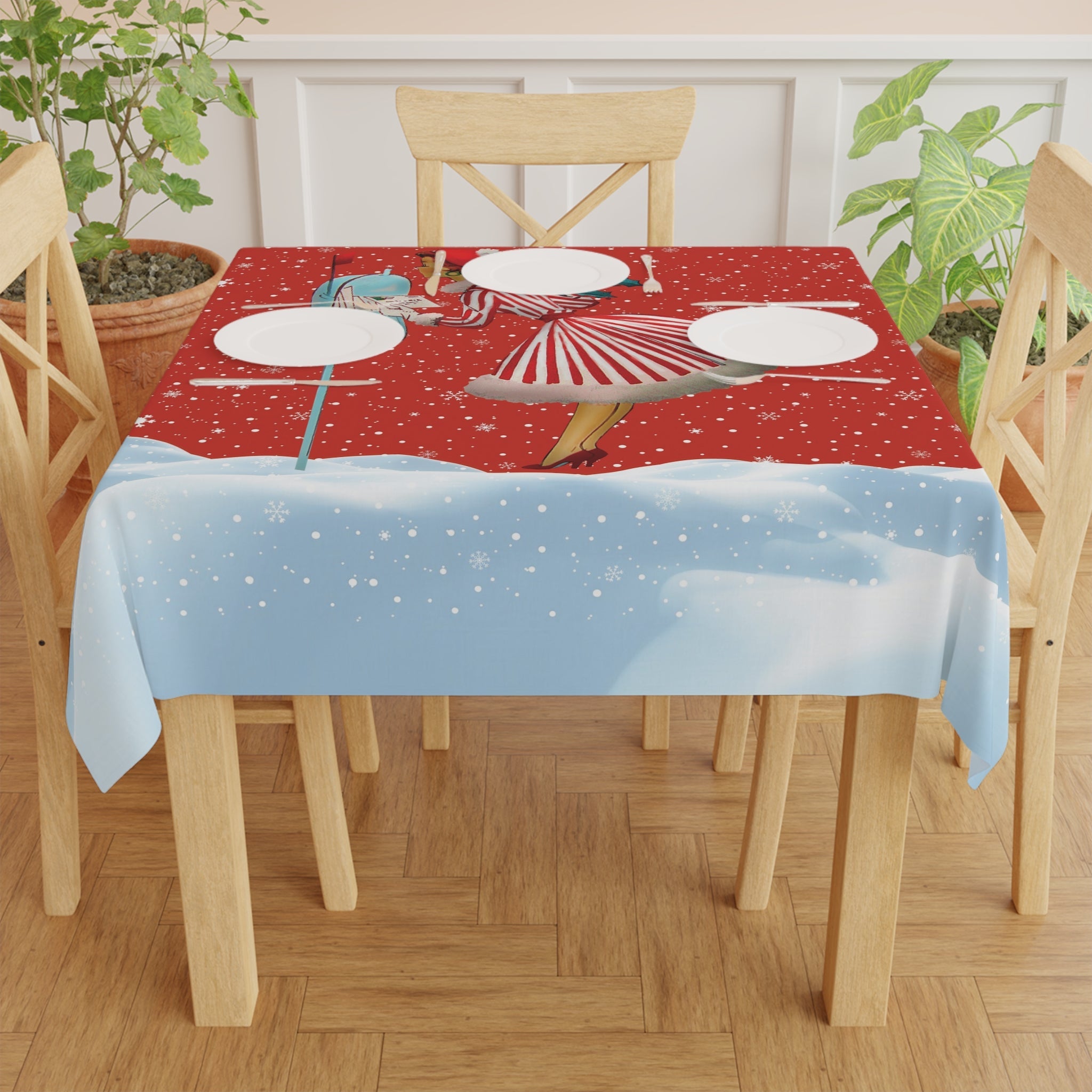 Kate McEnroe New York Retro 50s Christmas Card Art Tablecloth, Mid Century Modern Holiday Dining Decor, Vintage Festive Winter AccentTablecloths16599608049535119194
