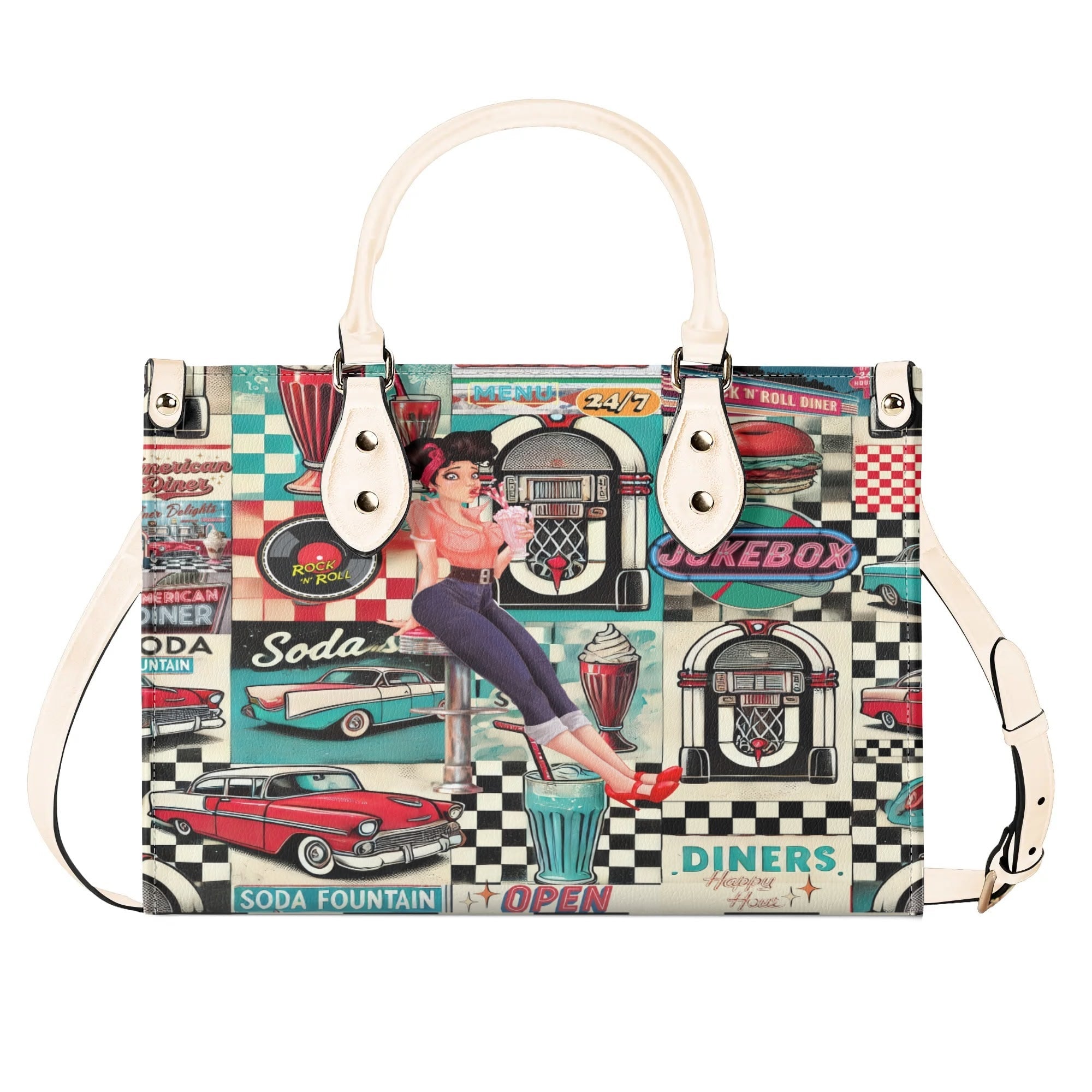 Kate McEnroe New York Retro 50s Diner Handbag, Mid Century Modern Rockabilly Purse, Vintage Soda Fountain Jukebox Bag, Pin - Up Rock and Roll Style SatchelHandbagsN4M6L2VW - 4
