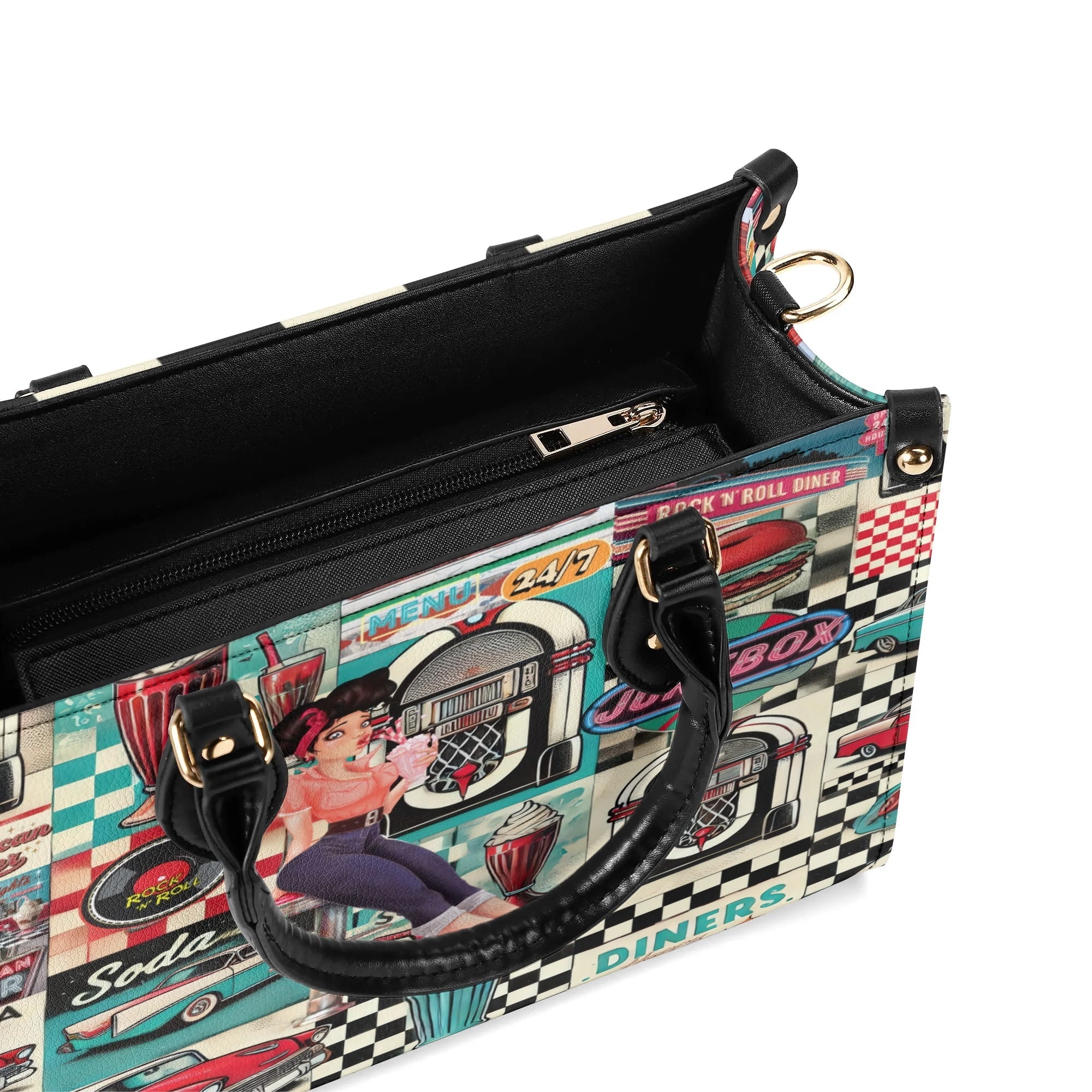 Kate McEnroe New York Retro 50s Diner Handbag, Mid Century Modern Rockabilly Purse, Vintage Soda Fountain Jukebox Bag, Pin - Up Rock and Roll Style SatchelHandbagsN4M6L2VW - 1