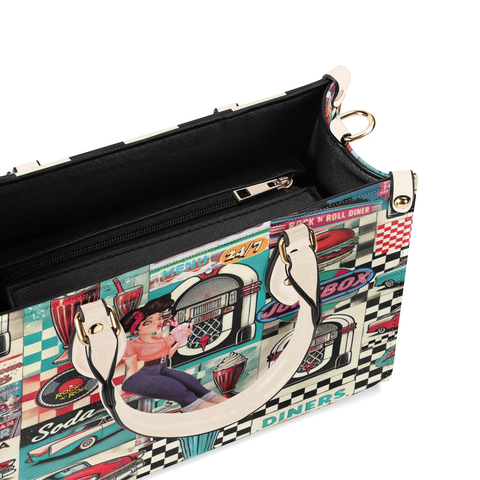 Kate McEnroe New York Retro 50s Diner Handbag, Mid Century Modern Rockabilly Purse, Vintage Soda Fountain Jukebox Bag, Pin - Up Rock and Roll Style SatchelHandbagsN4M6L2VW - 1