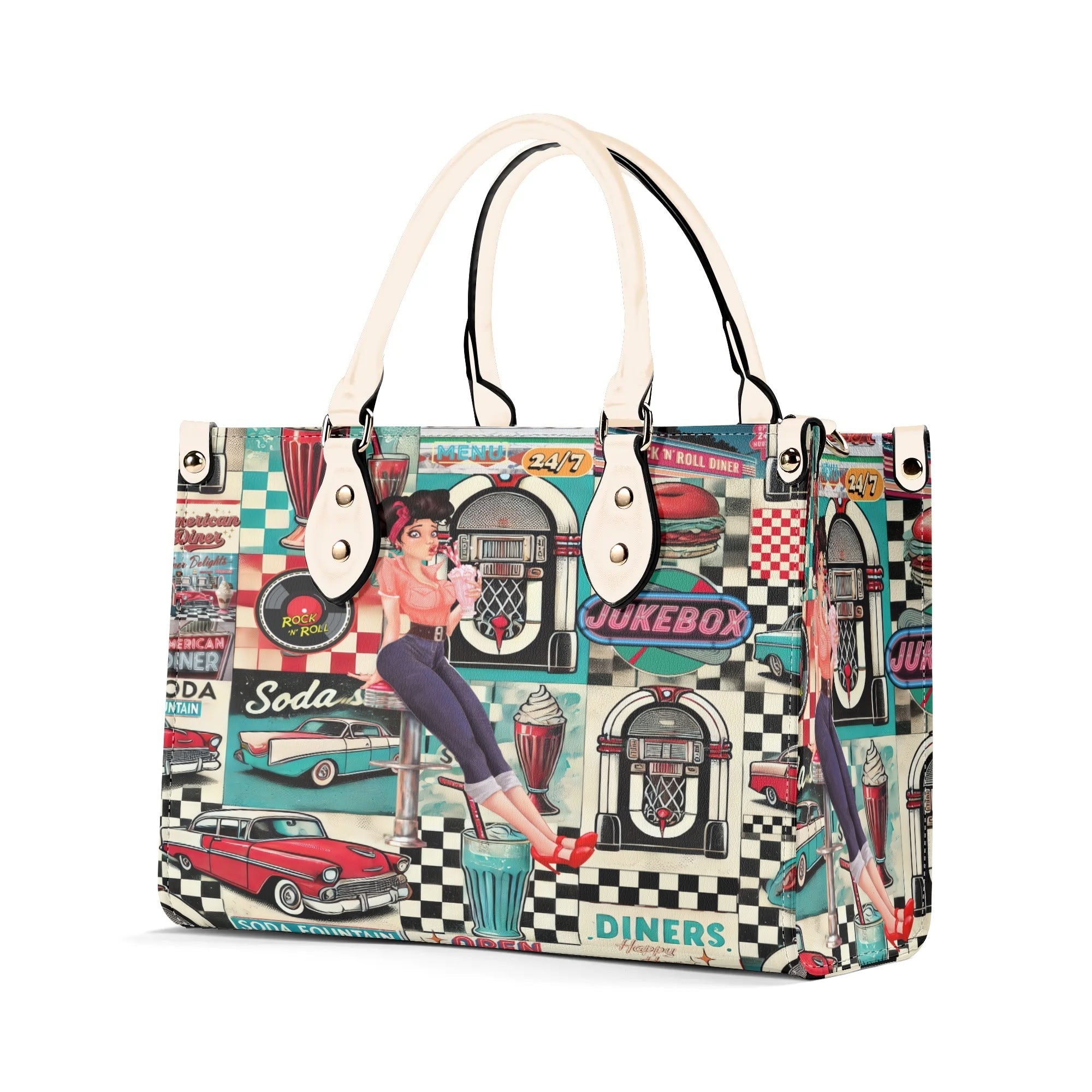 Kate McEnroe New York Retro 50s Diner Handbag, Mid Century Modern Rockabilly Purse, Vintage Soda Fountain Jukebox Bag, Pin - Up Rock and Roll Style SatchelHandbagsN4M6L2VW - 1