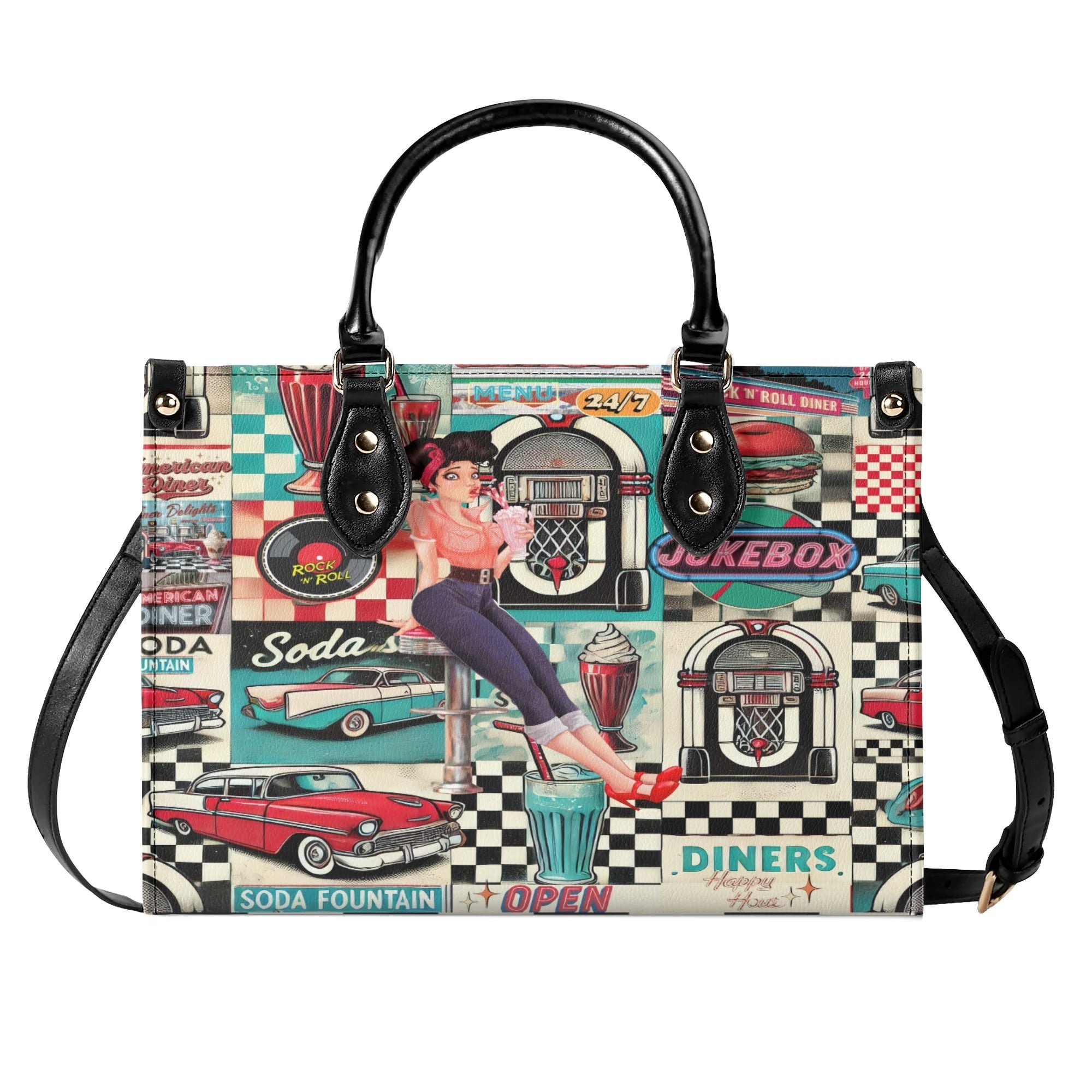 Kate McEnroe New York Retro 50s Diner Handbag, Mid Century Modern Rockabilly Purse, Vintage Soda Fountain Jukebox Bag, Pin - Up Rock and Roll Style SatchelHandbagsN4M6L2VW - 1