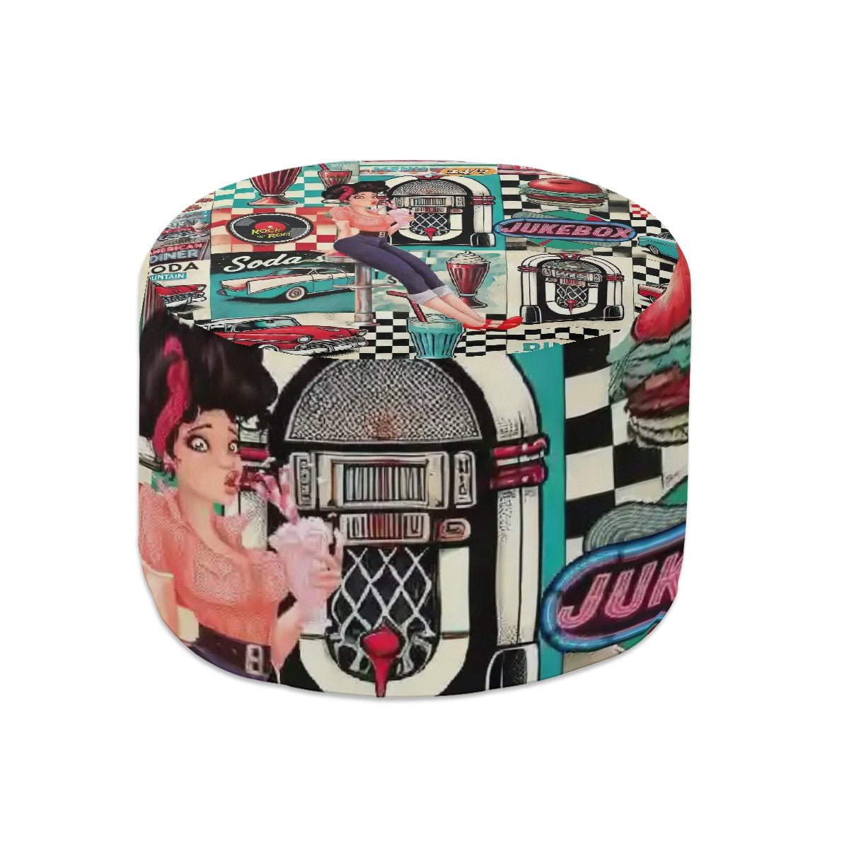 Kate McEnroe New York Retro 50s Diner Pin - Up Ottoman, Vintage Jukebox and Soda Shop Pouf, Mid Century Modern 1950s Style FurnitureOttomanshUtrkqmxXX