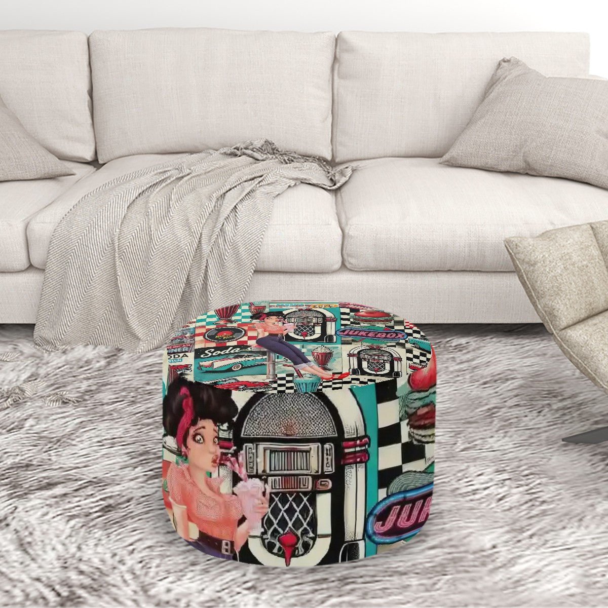 Kate McEnroe New York Retro 50s Diner Pin - Up Ottoman, Vintage Jukebox and Soda Shop Pouf, Mid Century Modern 1950s Style FurnitureOttomanshUtrkqmxXX