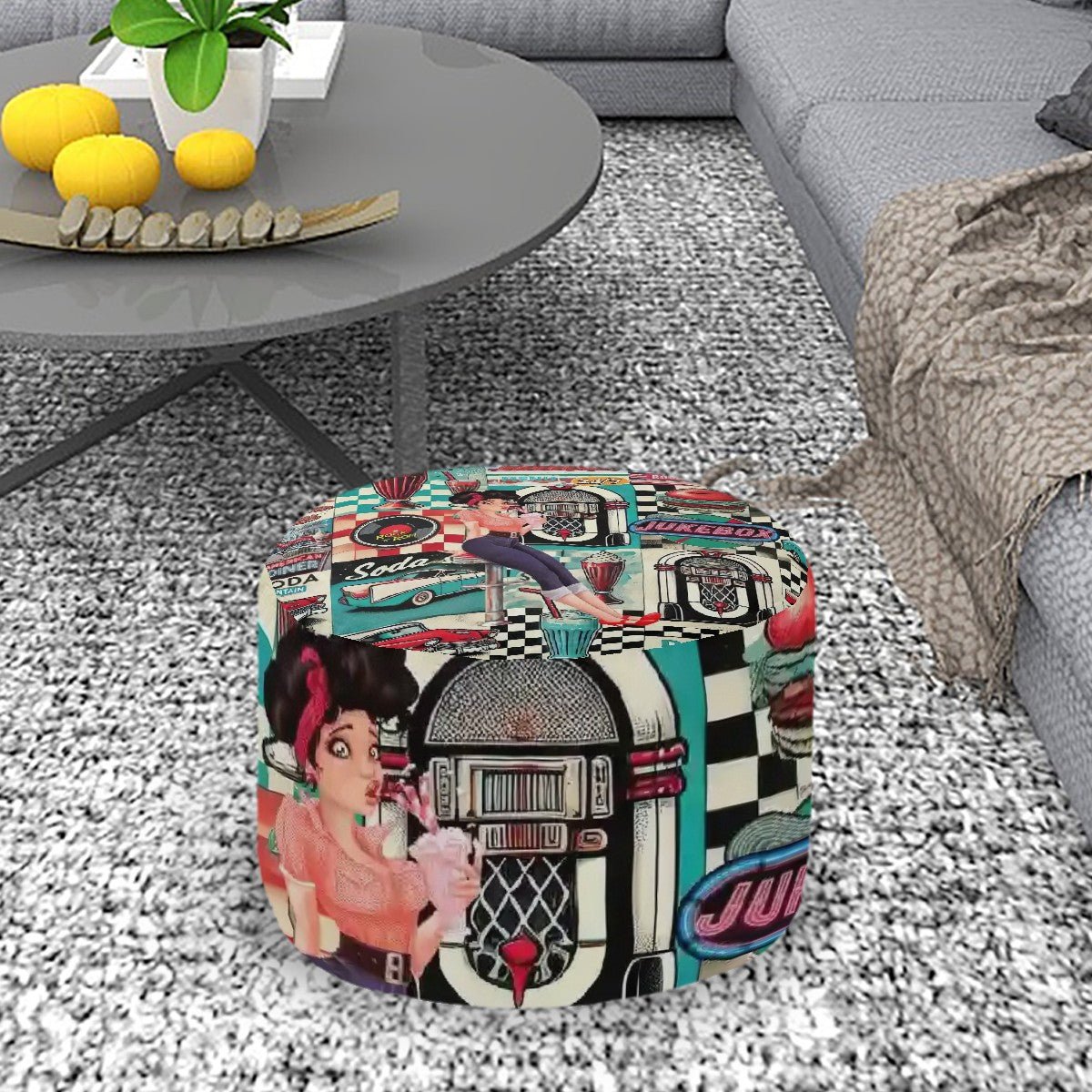 Kate McEnroe New York Retro 50s Diner Pin - Up Ottoman, Vintage Jukebox and Soda Shop Pouf, Mid Century Modern 1950s Style FurnitureOttomanshUtrkqmxXX