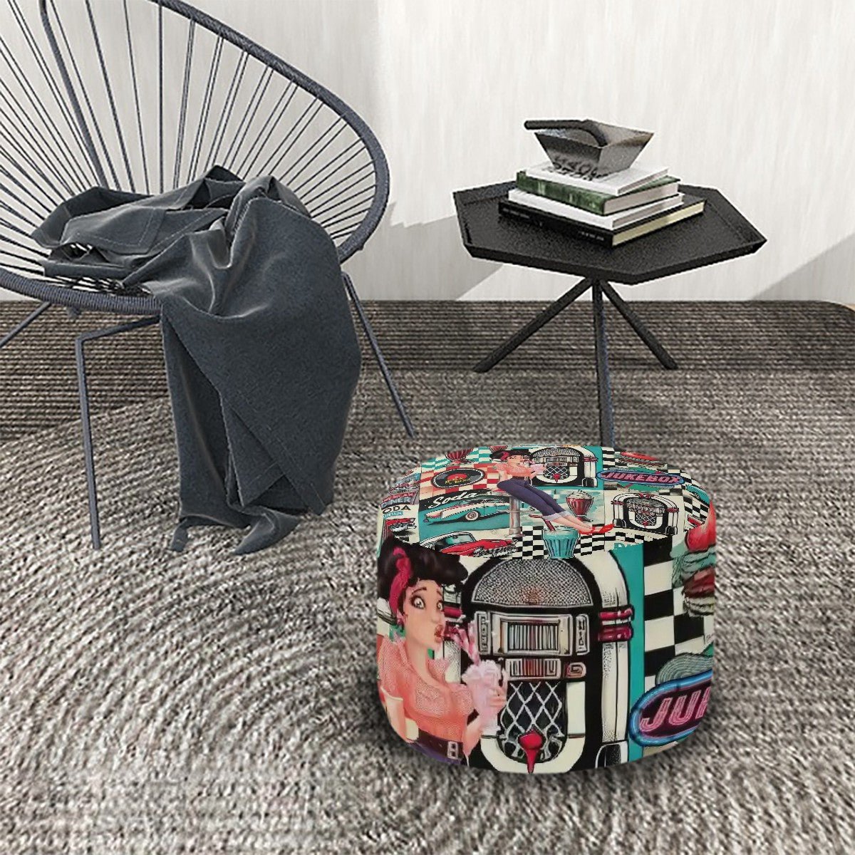 Kate McEnroe New York Retro 50s Diner Pin - Up Ottoman, Vintage Jukebox and Soda Shop Pouf, Mid Century Modern 1950s Style FurnitureOttomanshUtrkqmxXX