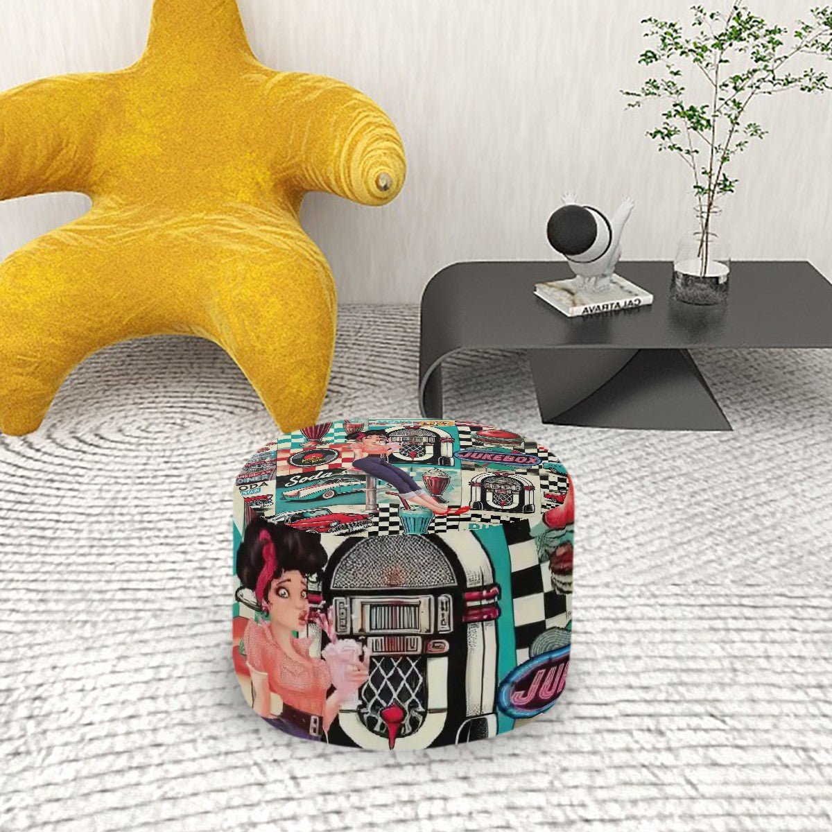 Kate McEnroe New York Retro 50s Diner Pin - Up Ottoman, Vintage Jukebox and Soda Shop Pouf, Mid Century Modern 1950s Style FurnitureOttomanshUtrkqmxXX