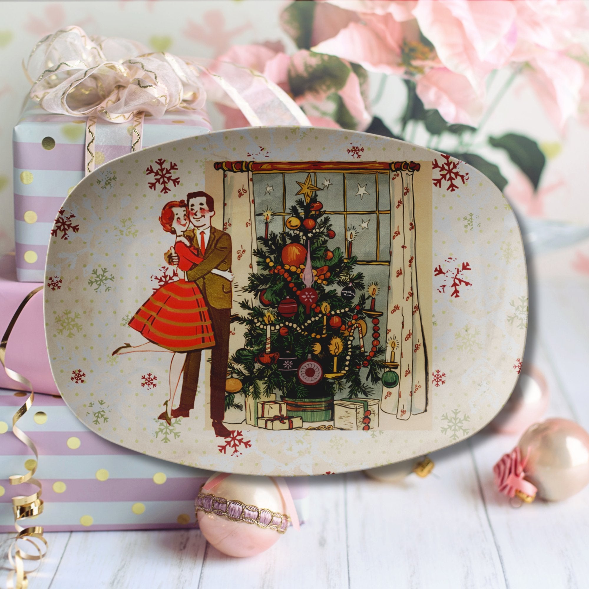 Kate McEnroe New York Retro 50s Holiday Platter, Mid Century Modern Christmas Couple Serving Tray, Vintage Festive TablewareServing PlattersP23 - VIN - SHY - 4