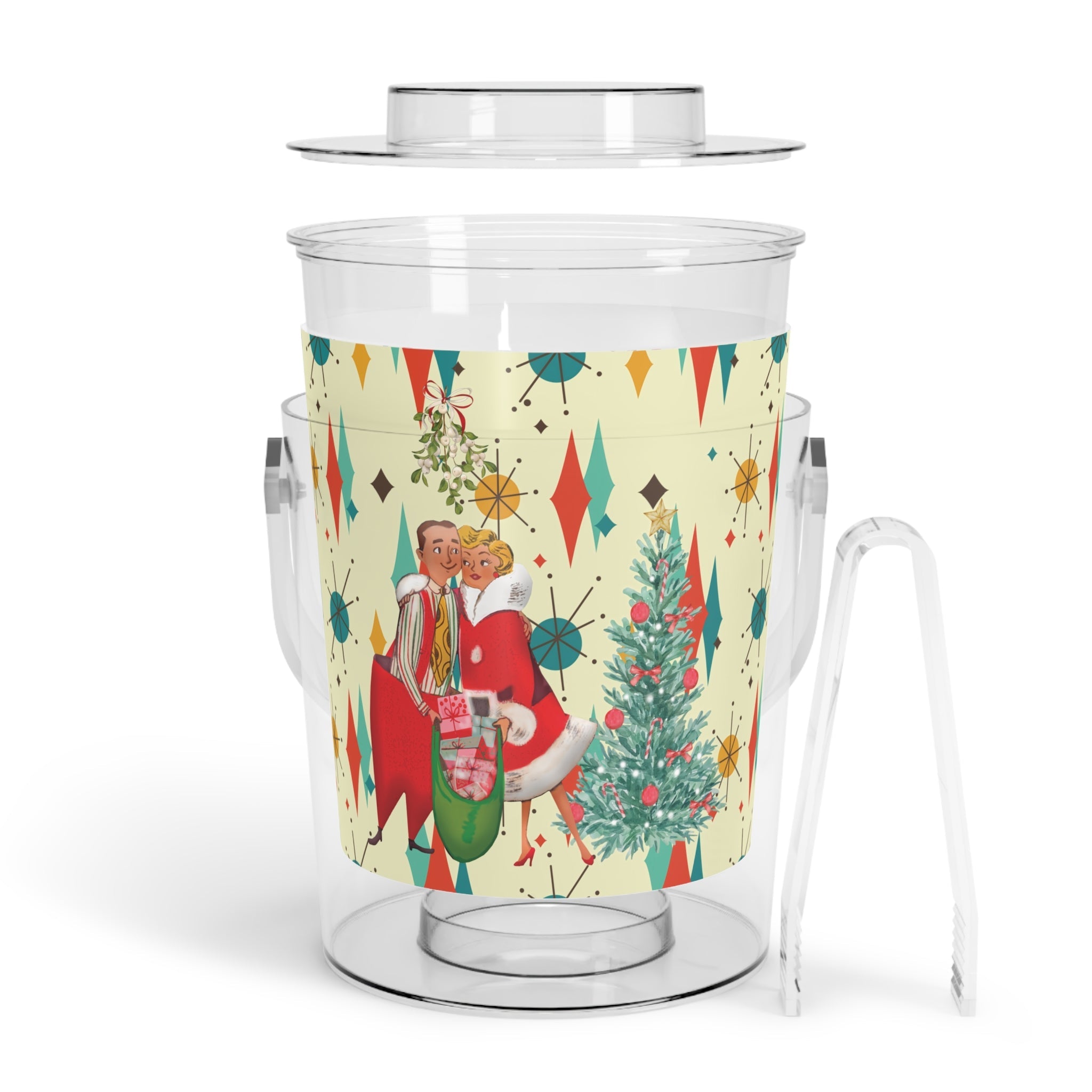 Kate McEnroe New York Retro 50s Kitsch Christmas Card Art Holiday Bundle, Franciscan Diamond Starburst Ice Bucket, Platter, and Pint Glass SetBarware BundleMODMERRY1
