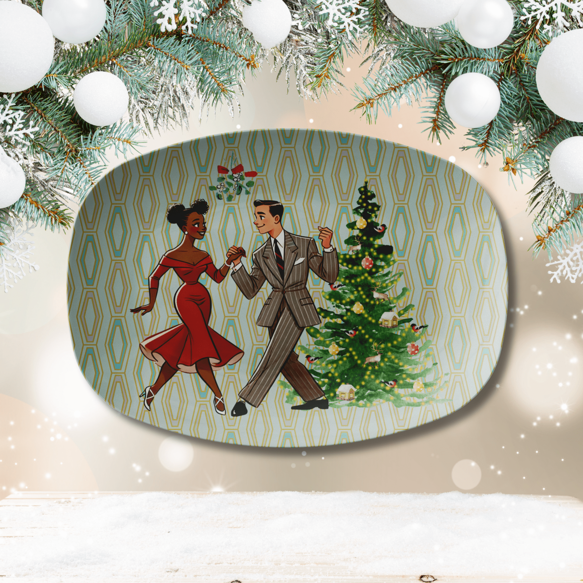 Kate McEnroe New York Retro 50s Kitsch Dancing Mixed Race Couple Christmas Party Platter, Mid Century Modern Holiday Tableware, Vintage Festive Winter TrayServing PlattersP23MXDRCE4