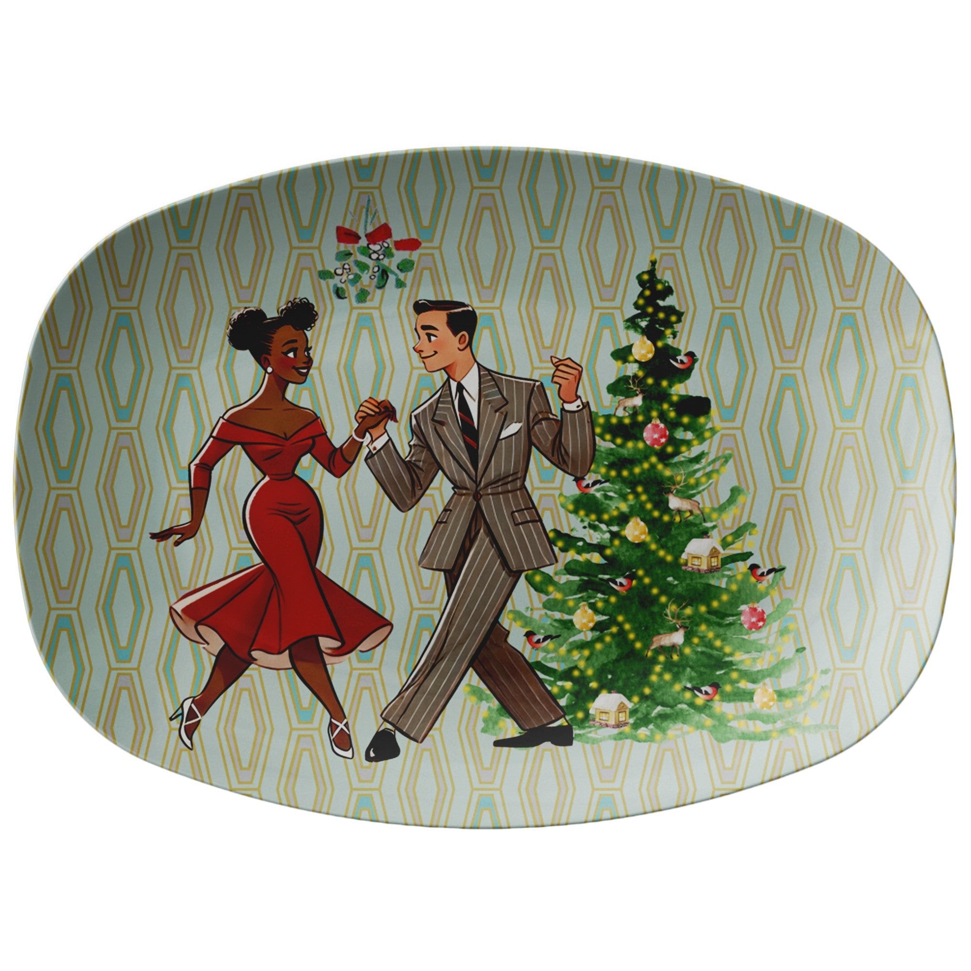 Kate McEnroe New York Retro 50s Kitsch Dancing Mixed Race Couple Christmas Party Platter, Mid Century Modern Holiday Tableware, Vintage Festive Winter TrayServing PlattersP23MXDRCE4