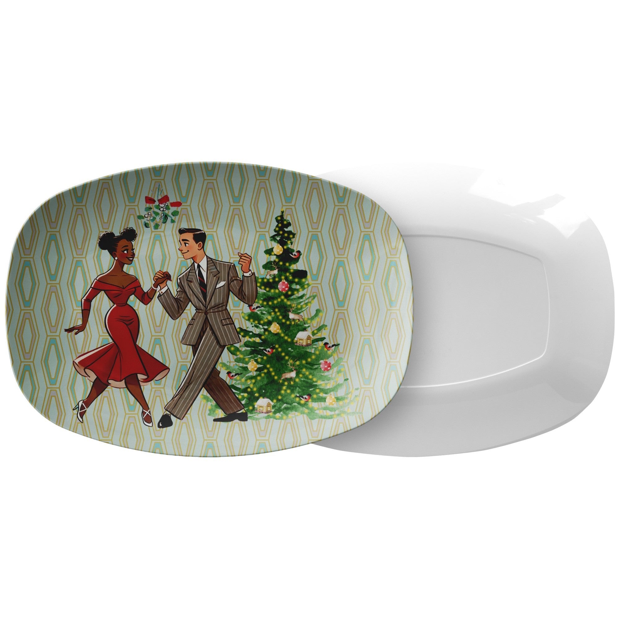 Kate McEnroe New York Retro 50s Kitsch Dancing Mixed Race Couple Christmas Party Platter, Mid Century Modern Holiday Tableware, Vintage Festive Winter TrayServing PlattersP23MXDRCE4