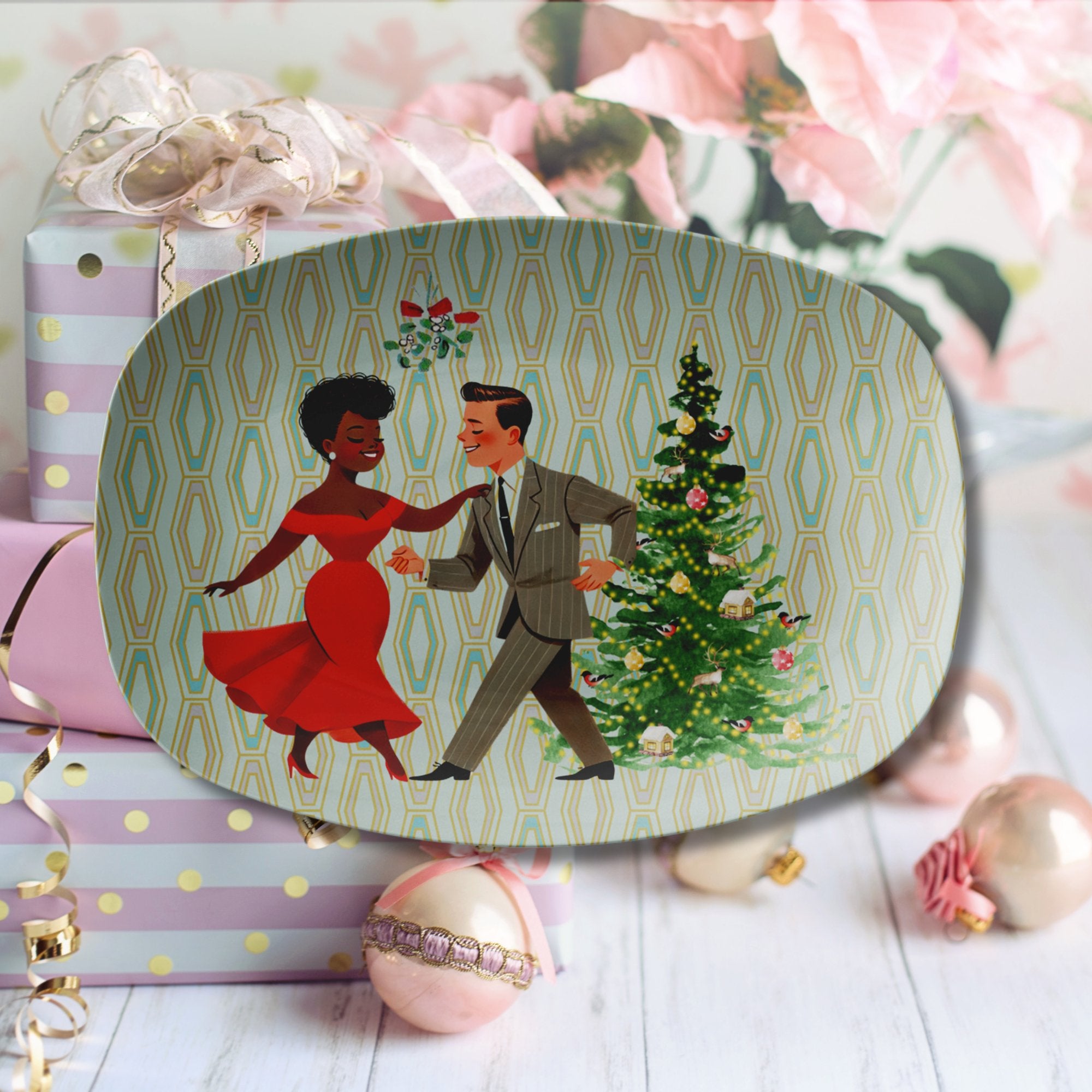 Kate McEnroe New York Retro 50s Kitsch Mixed Race Couple Christmas Party Platter, Mid Century Modern Holiday Tableware, Vintage Festive Winter Serving TrayServing PlattersP23 - MIX - RACE - 2