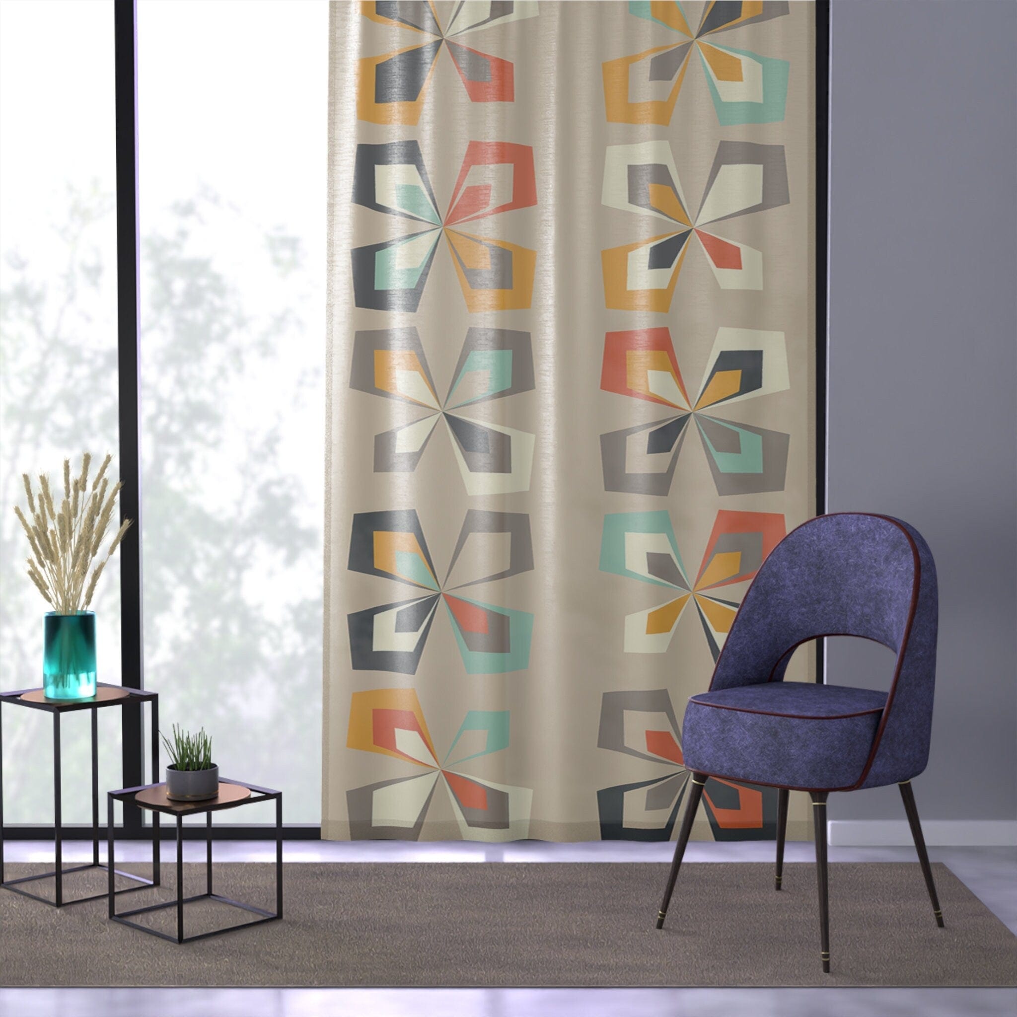 Kate McEnroe New York Retro 60s 70s Mid Century Modern Geometric Window Curtain, Abstract Vintage Floral Brown Orange, Teal MCM Living Room Bedroom Curtain PanelsWindow CurtainsW3S - SCAN - FLO - SH4