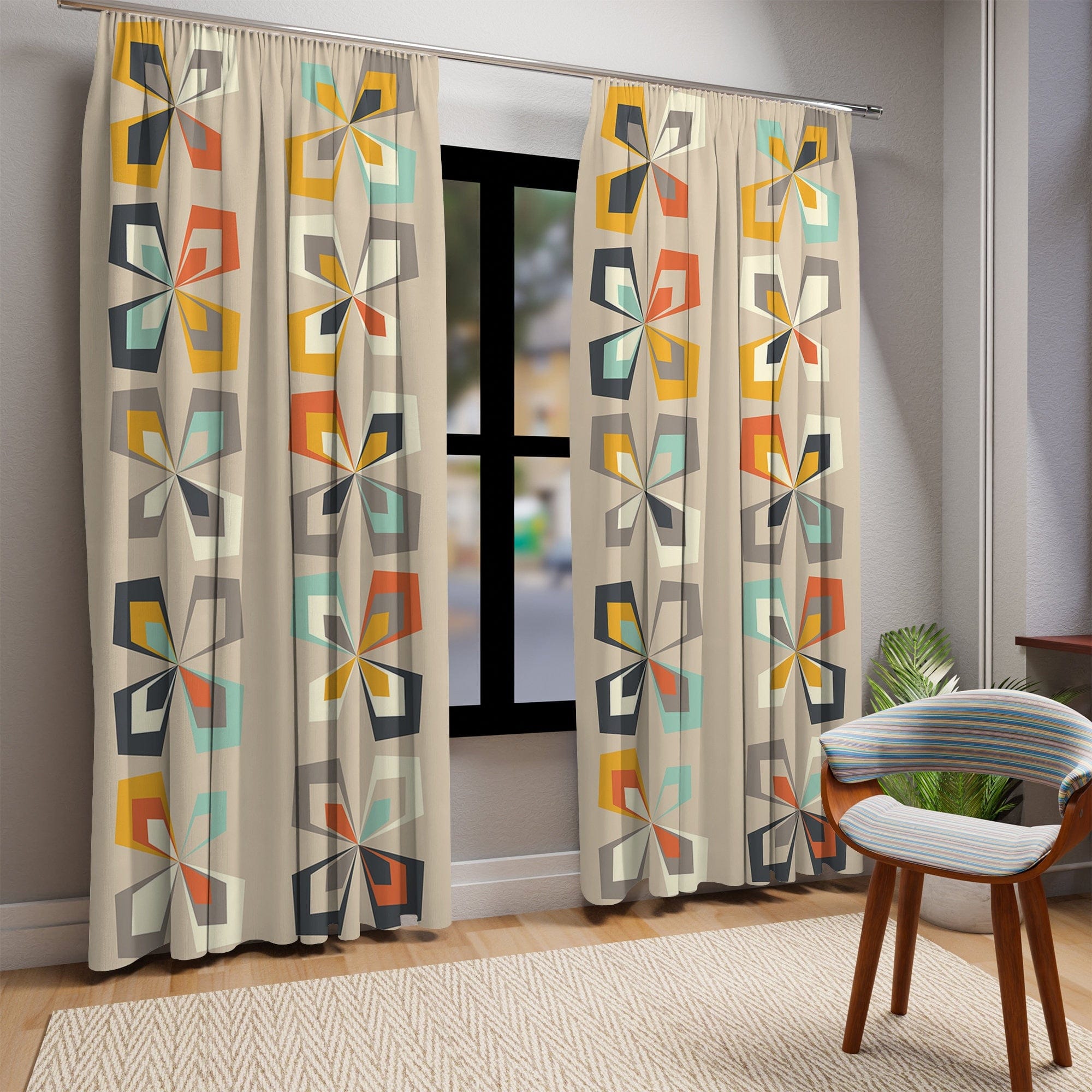 Kate McEnroe New York Retro 60s 70s Mid Century Modern Geometric Window Curtain, Abstract Vintage Floral Brown Orange, Teal MCM Living Room Bedroom Curtain PanelsWindow CurtainsW3S - SCAN - FLO - SH4