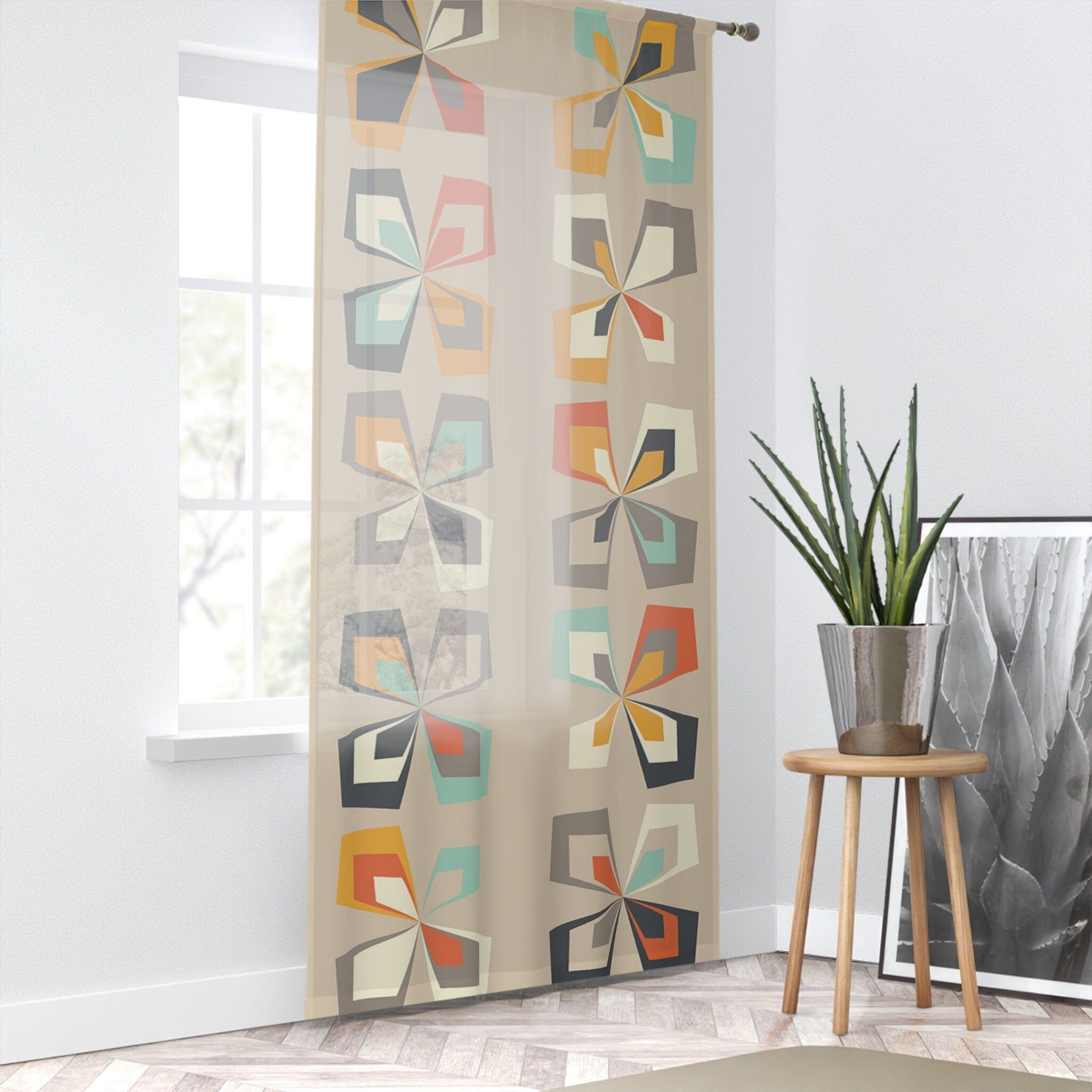 Kate McEnroe New York Retro 60s 70s Mid Century Modern Geometric Window Curtain, Abstract Vintage Floral Brown Orange, Teal MCM Living Room Bedroom Curtain PanelsWindow CurtainsW3S - SCAN - FLO - SH4