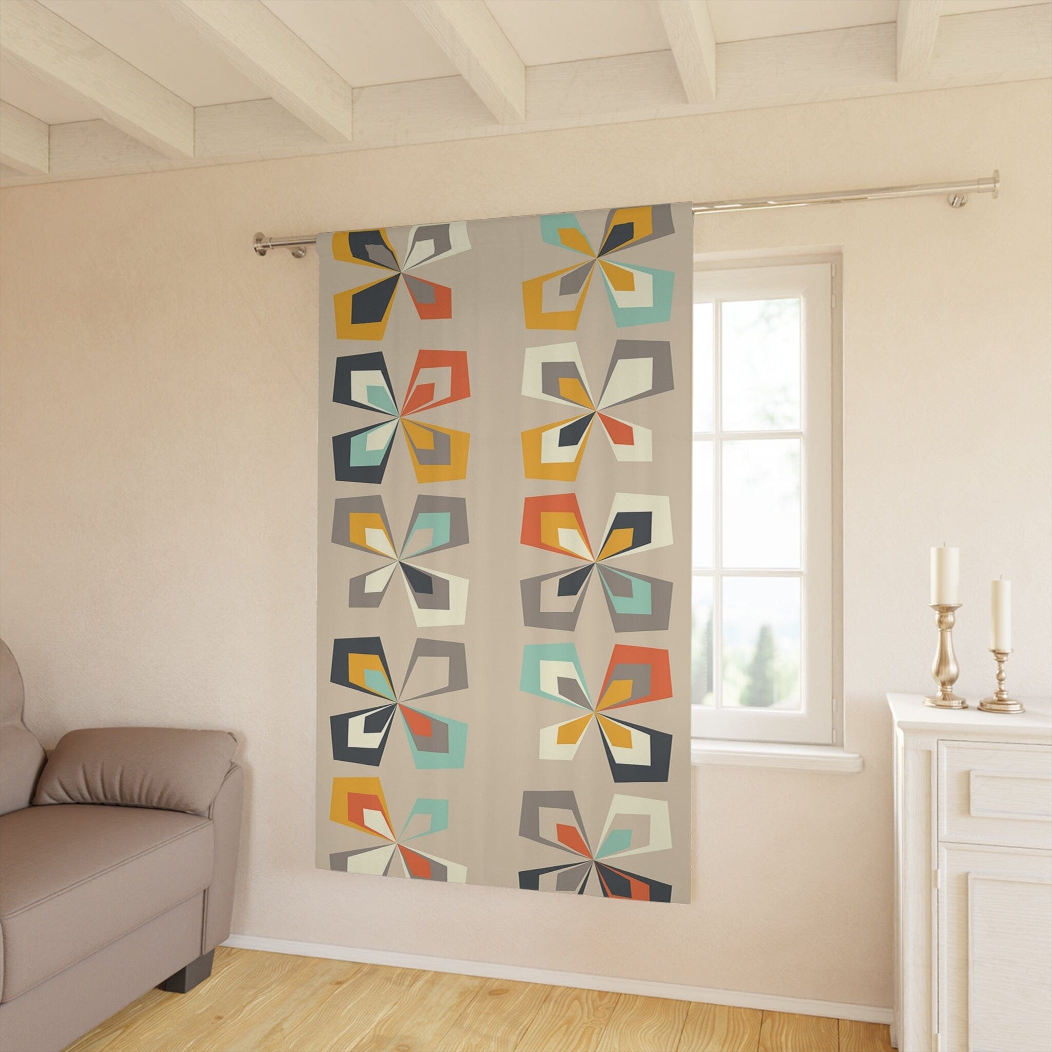 Kate McEnroe New York Retro 60s 70s Mid Century Modern Geometric Window Curtain, Abstract Vintage Floral Brown Orange, Teal MCM Living Room Bedroom Curtain PanelsWindow CurtainsW3S - SCAN - FLO - SH4