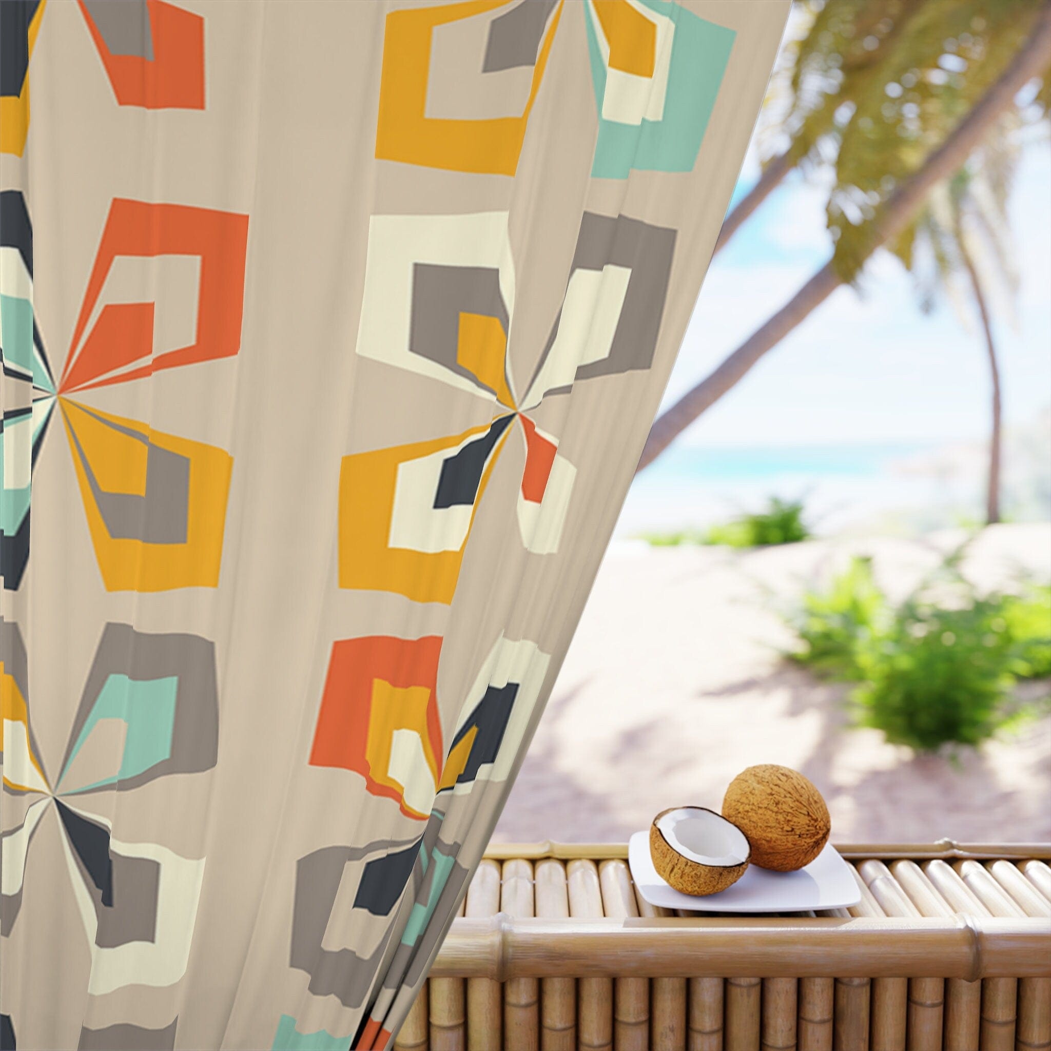 Kate McEnroe New York Retro 60s 70s Mid Century Modern Geometric Window Curtain, Abstract Vintage Floral Brown Orange, Teal MCM Living Room Bedroom Curtain PanelsWindow CurtainsW3S - SCAN - FLO - SH4