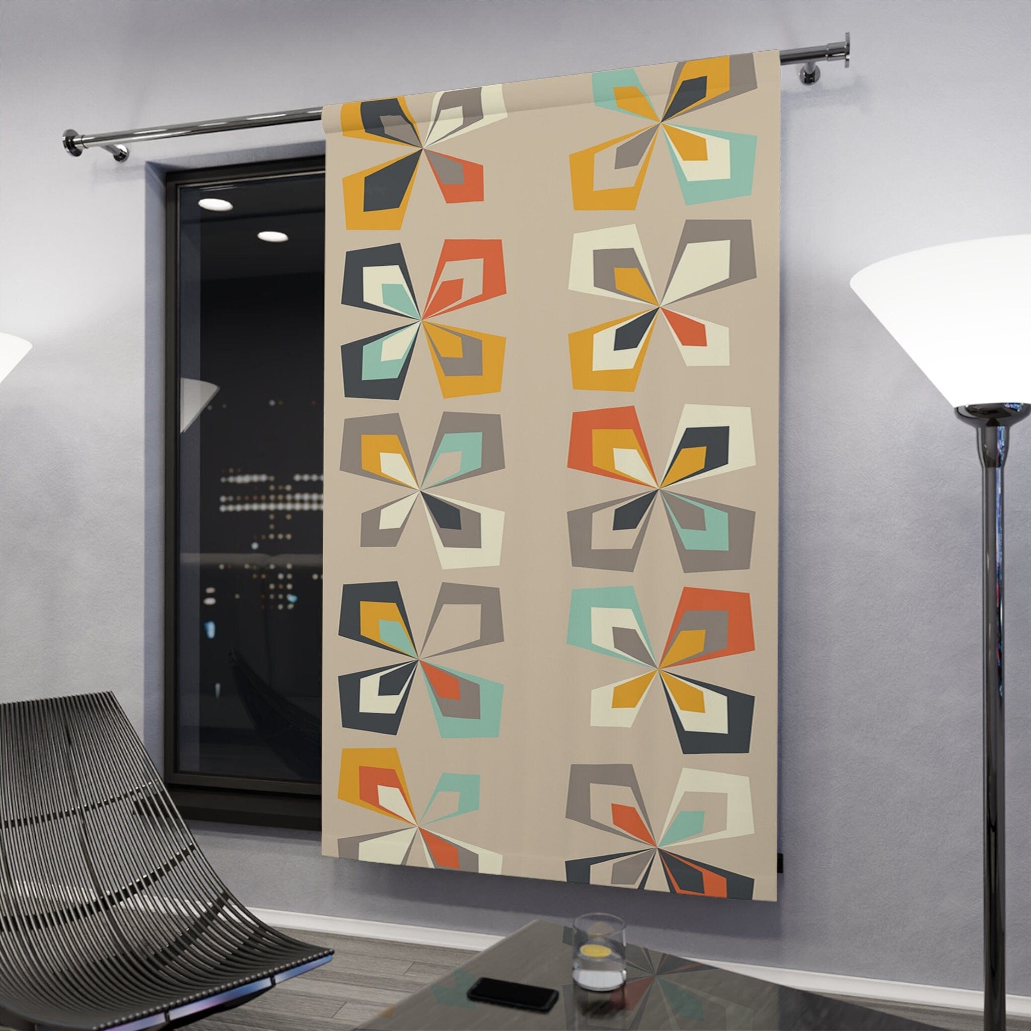 Kate McEnroe New York Retro 60s 70s Mid Century Modern Geometric Window Curtain, Abstract Vintage Floral Brown Orange, Teal MCM Living Room Bedroom Curtain PanelsWindow CurtainsW3S - SCAN - FLO - SH4