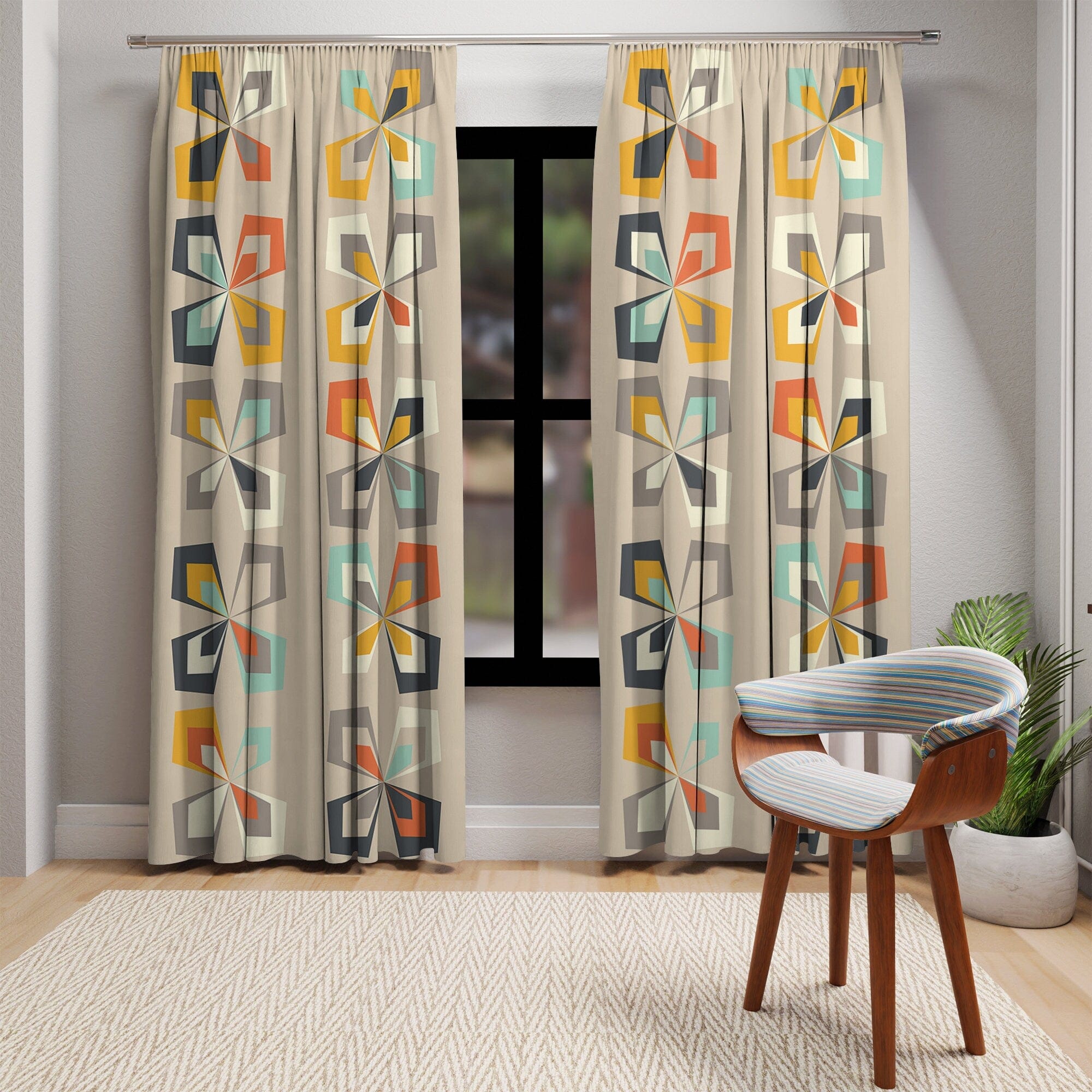 Kate McEnroe New York Retro 60s 70s Mid Century Modern Geometric Window Curtain, Abstract Vintage Floral Brown Orange, Teal MCM Living Room Bedroom Curtain PanelsWindow CurtainsW3S - SCAN - FLO - SH4